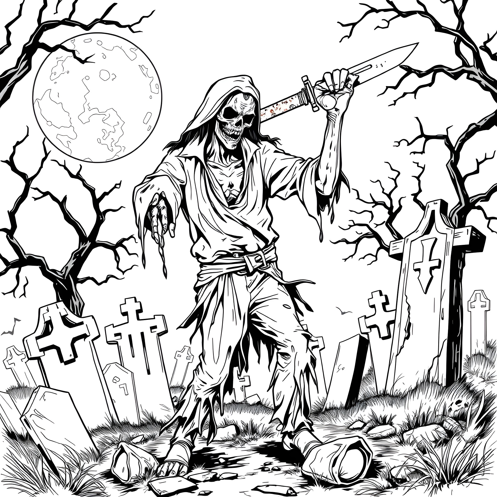 Zombie reaper wielding a scythe in a spooky graveyard Coloring Page (free black-and-white line drawing printable PDF for all, from beginners to advanced learners, including children, teens, adults, and seniors)