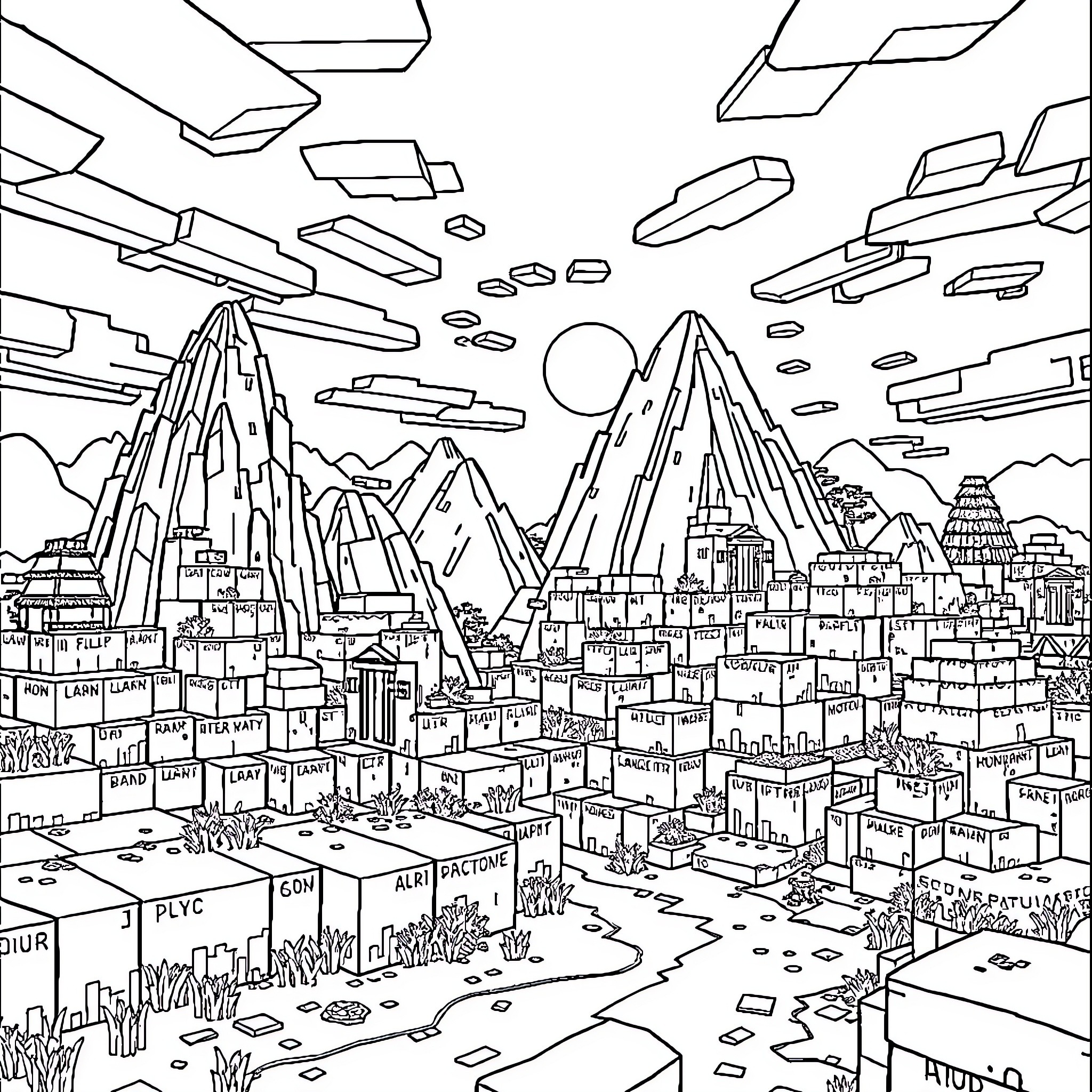 Minecraft Cityscape with Towering Structures and Floating Objects Coloring Page (free black-and-white line drawing printable PDF for all, from beginners to advanced learners, including children, teens, adults, and seniors)