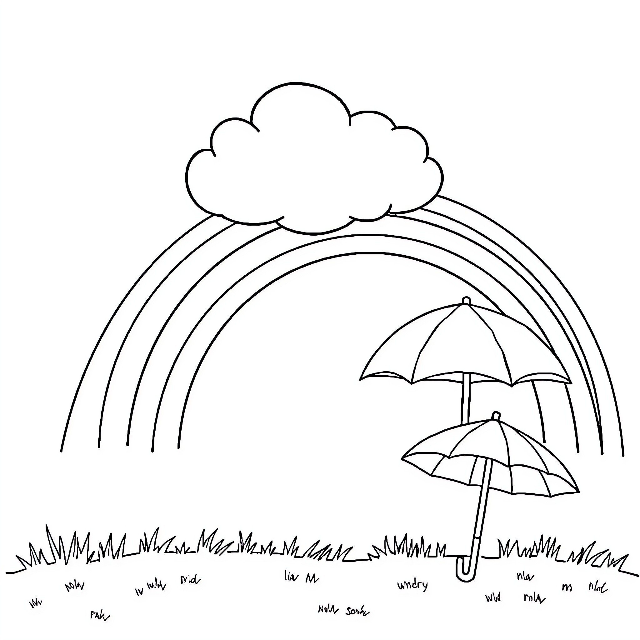 Weather scene with rainbows and umbrellas Coloring Page (free black-and-white line drawing printable PDF for all, from beginners to advanced learners, including children, teens, adults, and seniors)