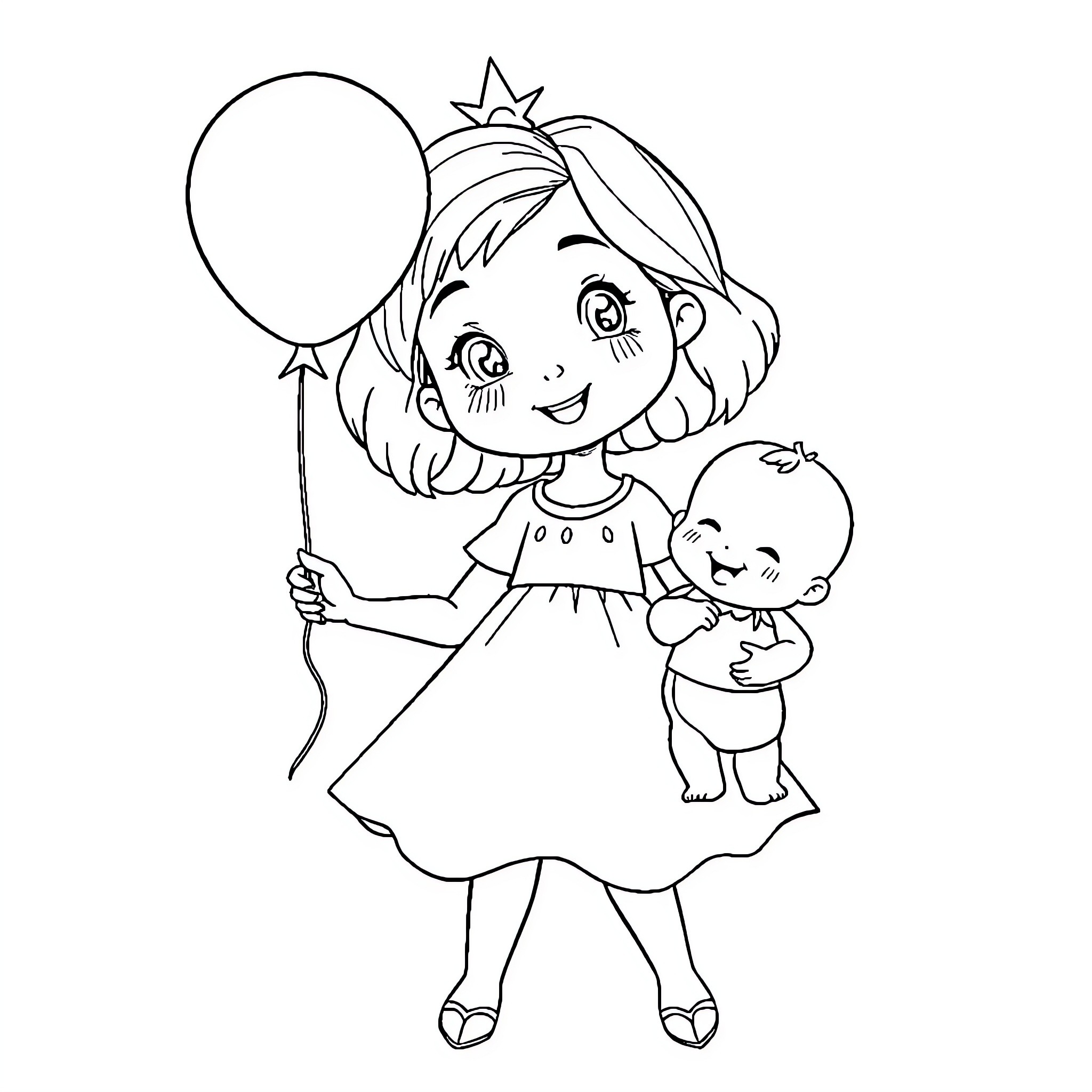Stella playing happily with her baby doll Coloring Page (free black-and-white line drawing printable PDF for all, from beginners to advanced learners, including children, teens, adults, and seniors)