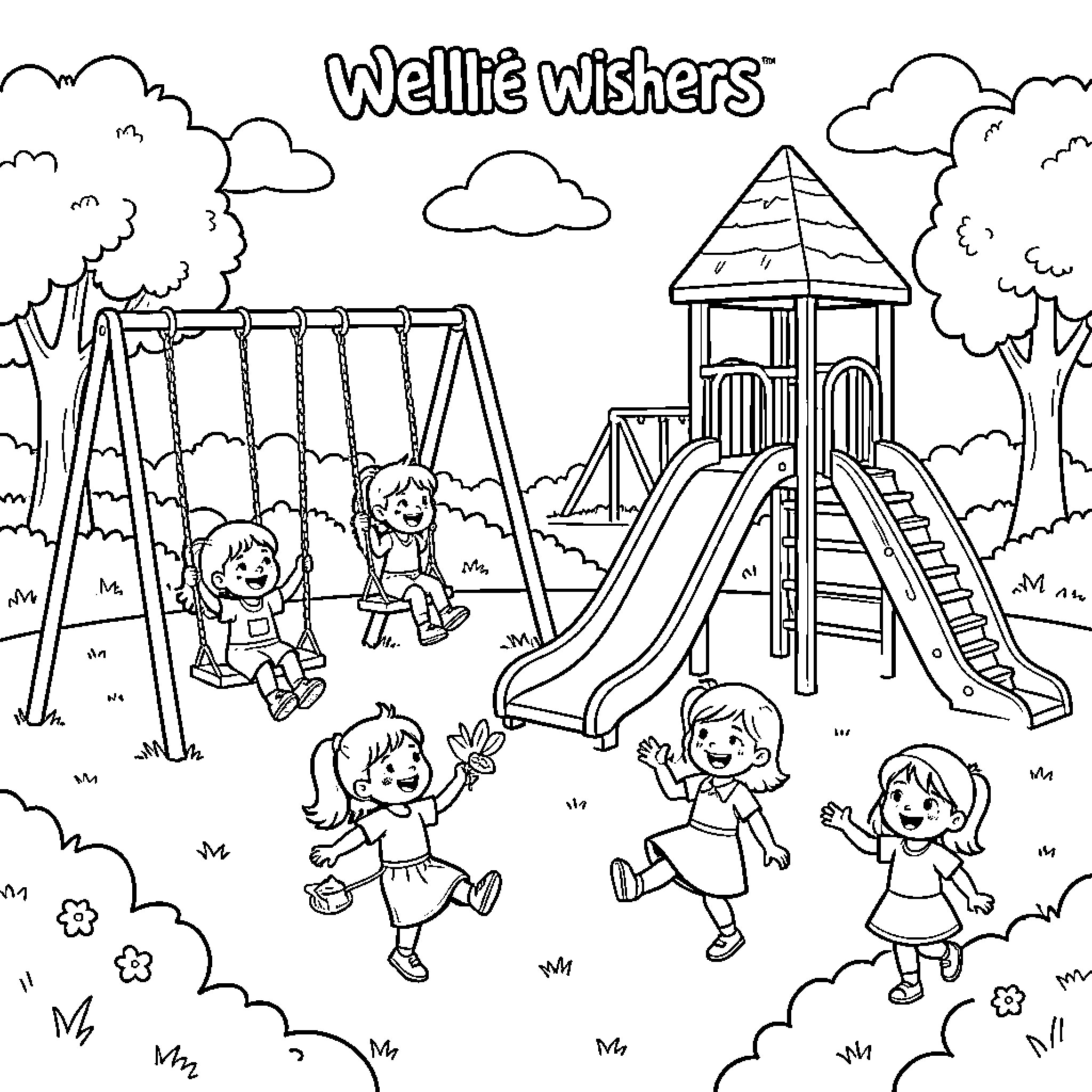 Wellie Wisher children playing joyfully on playground equipment Coloring Page (free black-and-white line drawing printable PDF for all, from beginners to advanced learners, including children, teens, adults, and seniors)
