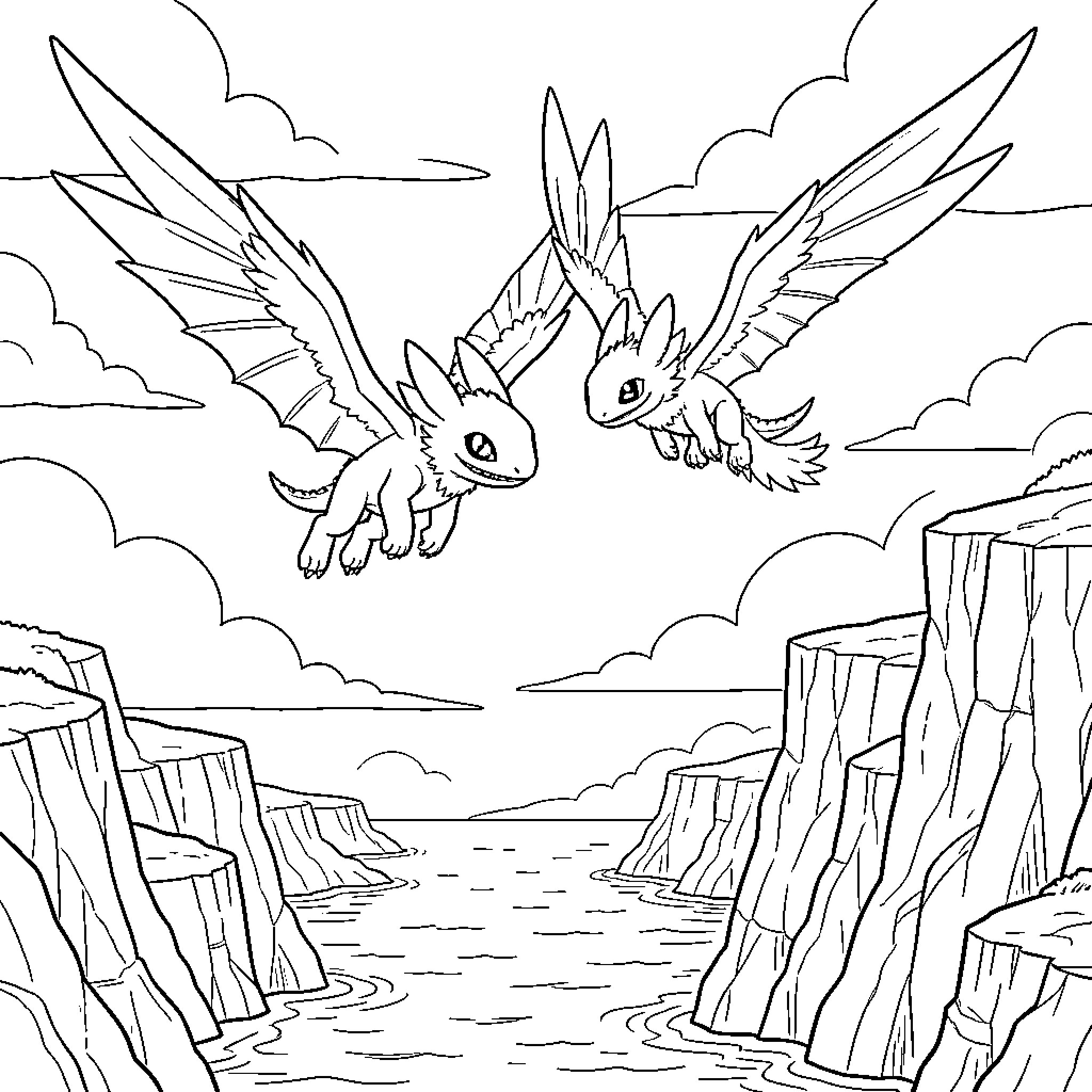 Dragon pair flying together over steep cliffs Coloring Page (free black-and-white line drawing printable PDF for all, from beginners to advanced learners, including children, teens, adults, and seniors)
