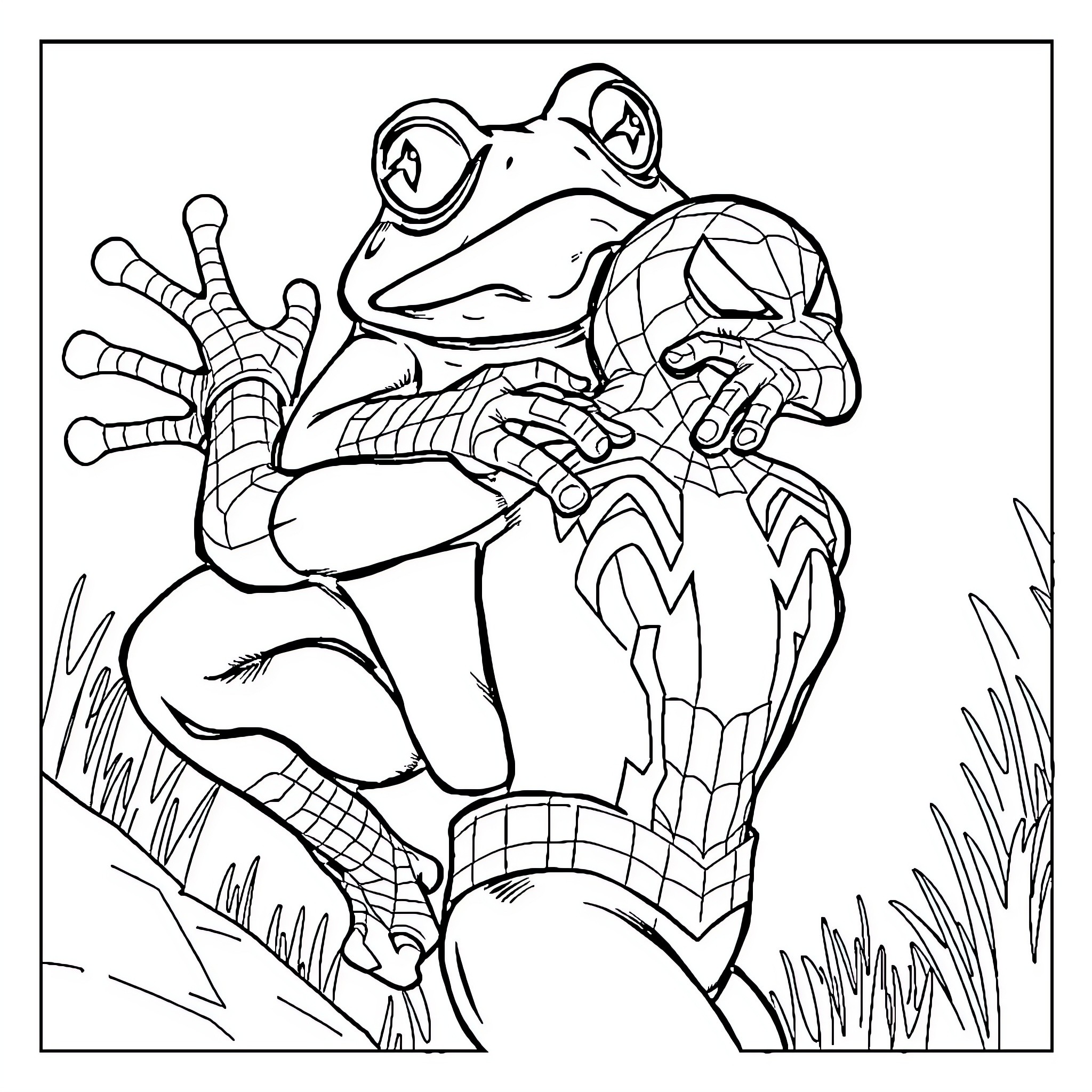 Frog Climbing on Colorful Leaves Coloring Page (free black-and-white line drawing printable PDF for all, from beginners to advanced learners, including children, teens, adults, and seniors)
