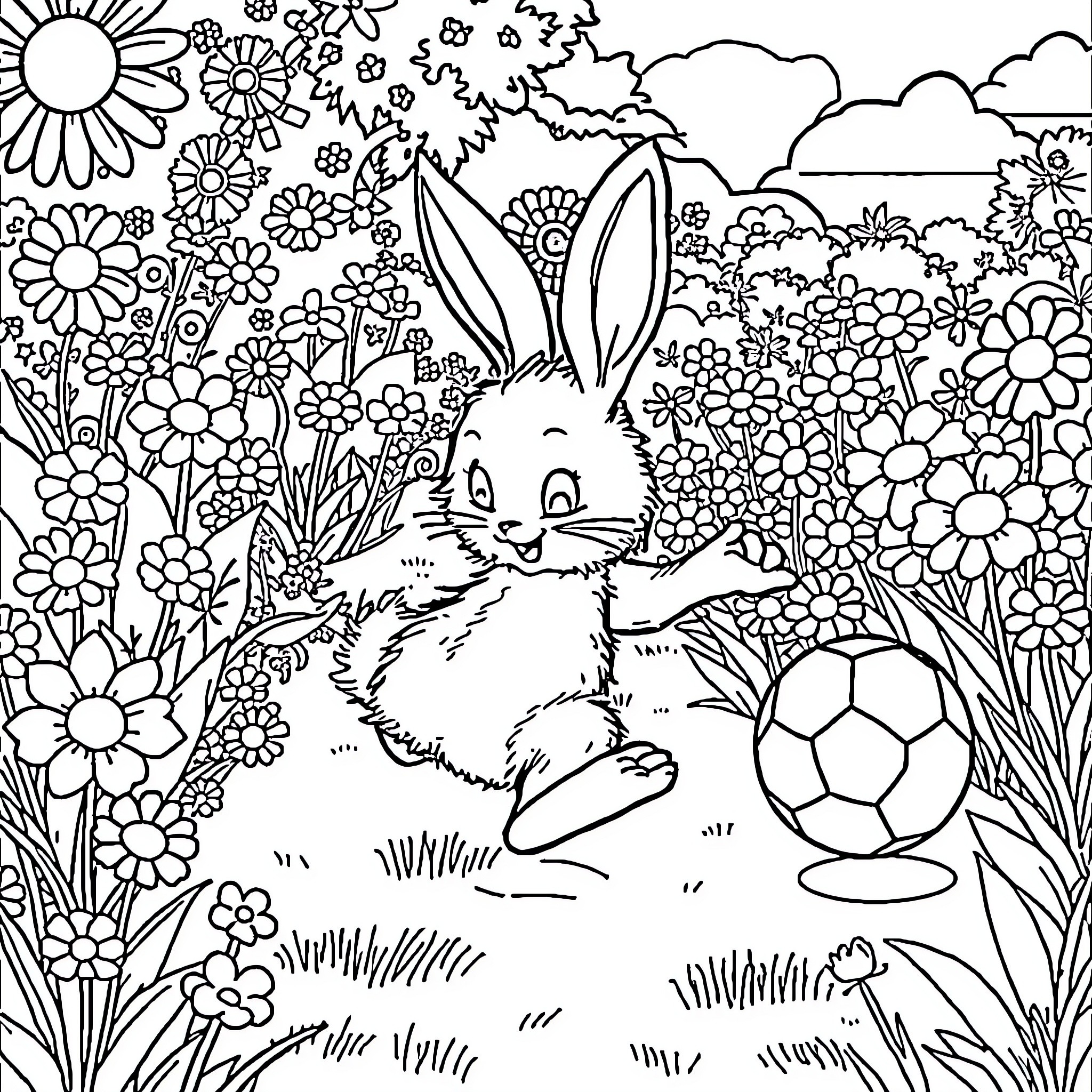Rabbit Playing with Ball in Flower Garden Coloring Page (free black-and-white line drawing printable PDF for all, from beginners to advanced learners, including children, teens, adults, and seniors)