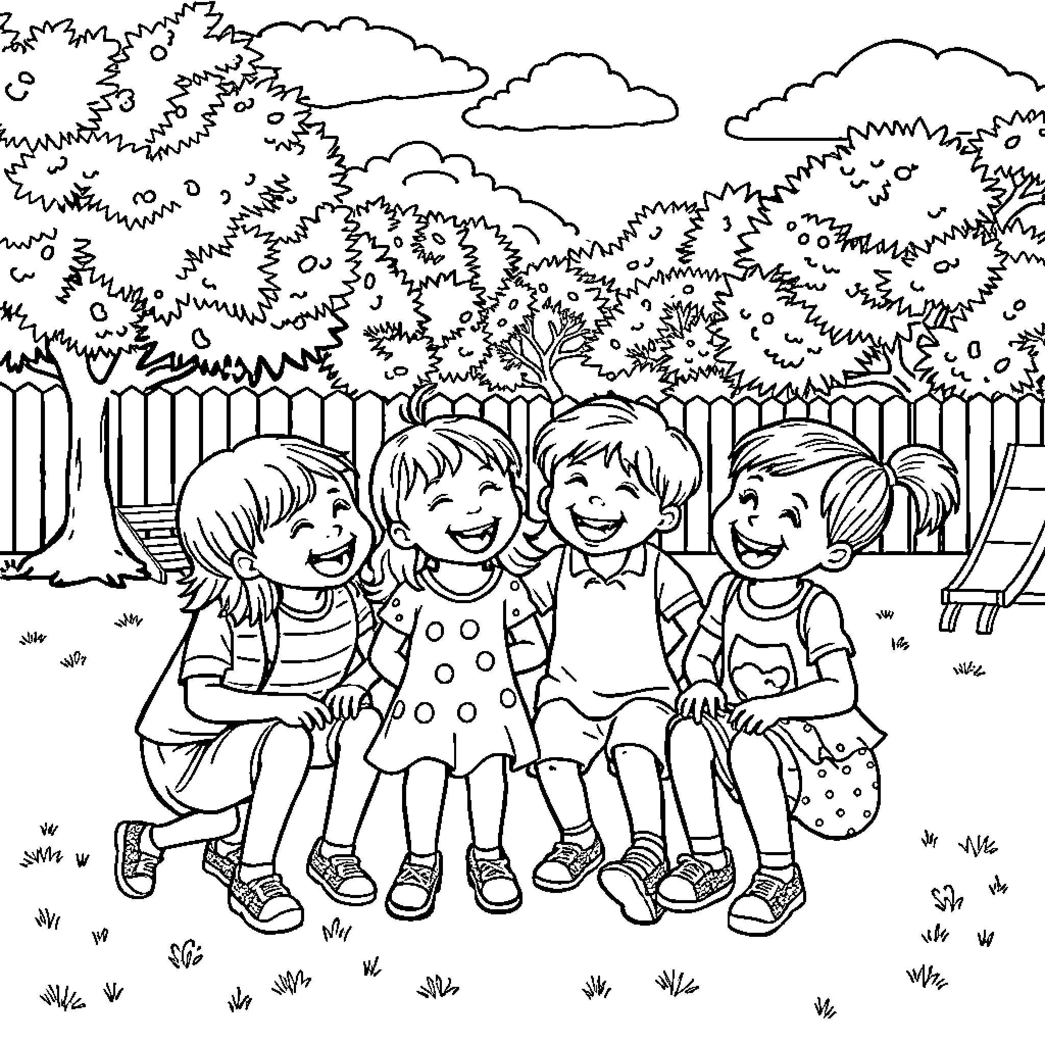 Child friends enjoying outdoor playtime together Coloring Page (free black-and-white line drawing printable PDF for all, from beginners to advanced learners, including children, teens, adults, and seniors)