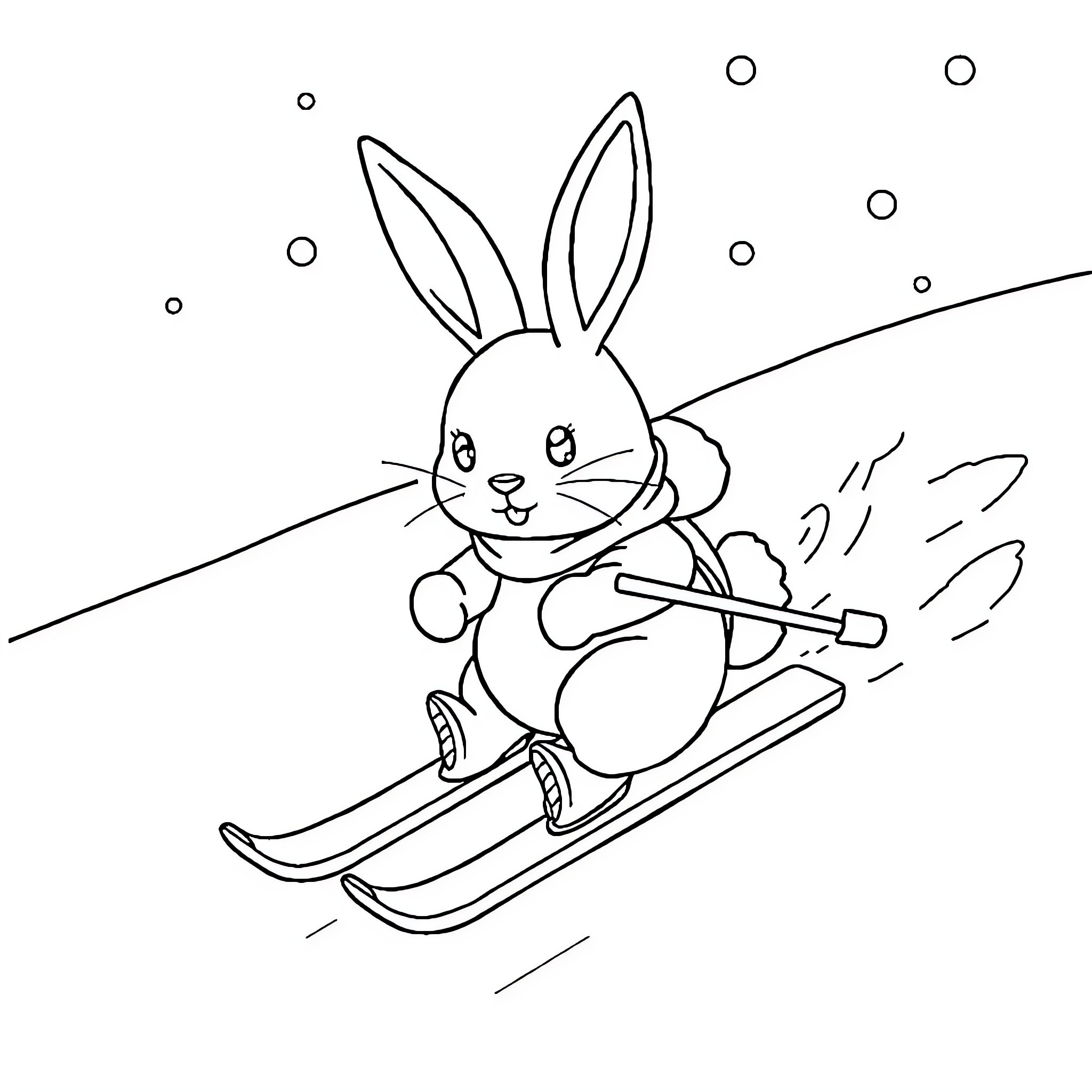 Rabbit skiing down the snowy slopes Coloring Page (free black-and-white line drawing printable PDF for all, from beginners to advanced learners, including children, teens, adults, and seniors)