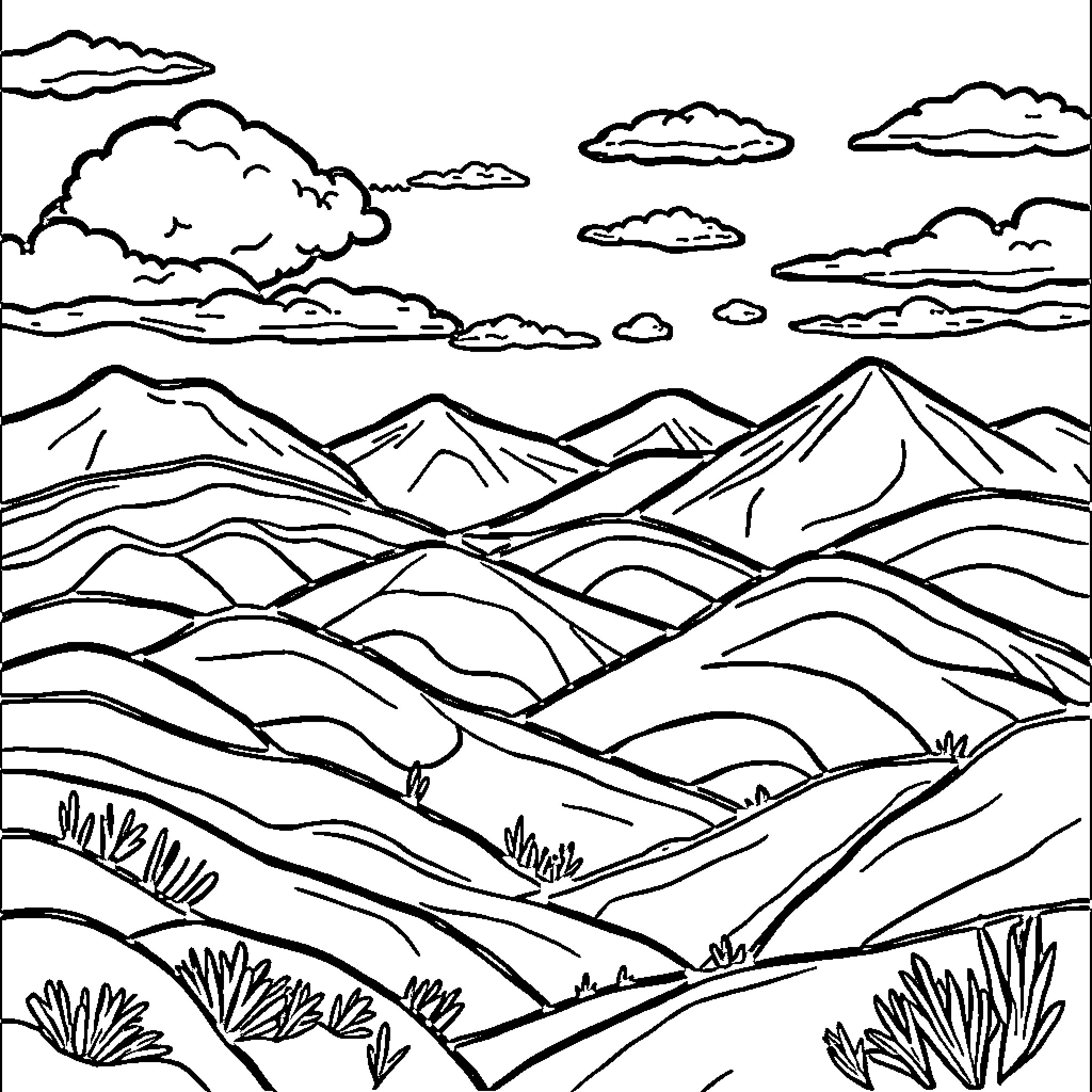 Landscape with rolling hills and mountains Coloring Page (free black-and-white line drawing printable PDF for all, from beginners to advanced learners, including children, teens, adults, and seniors)