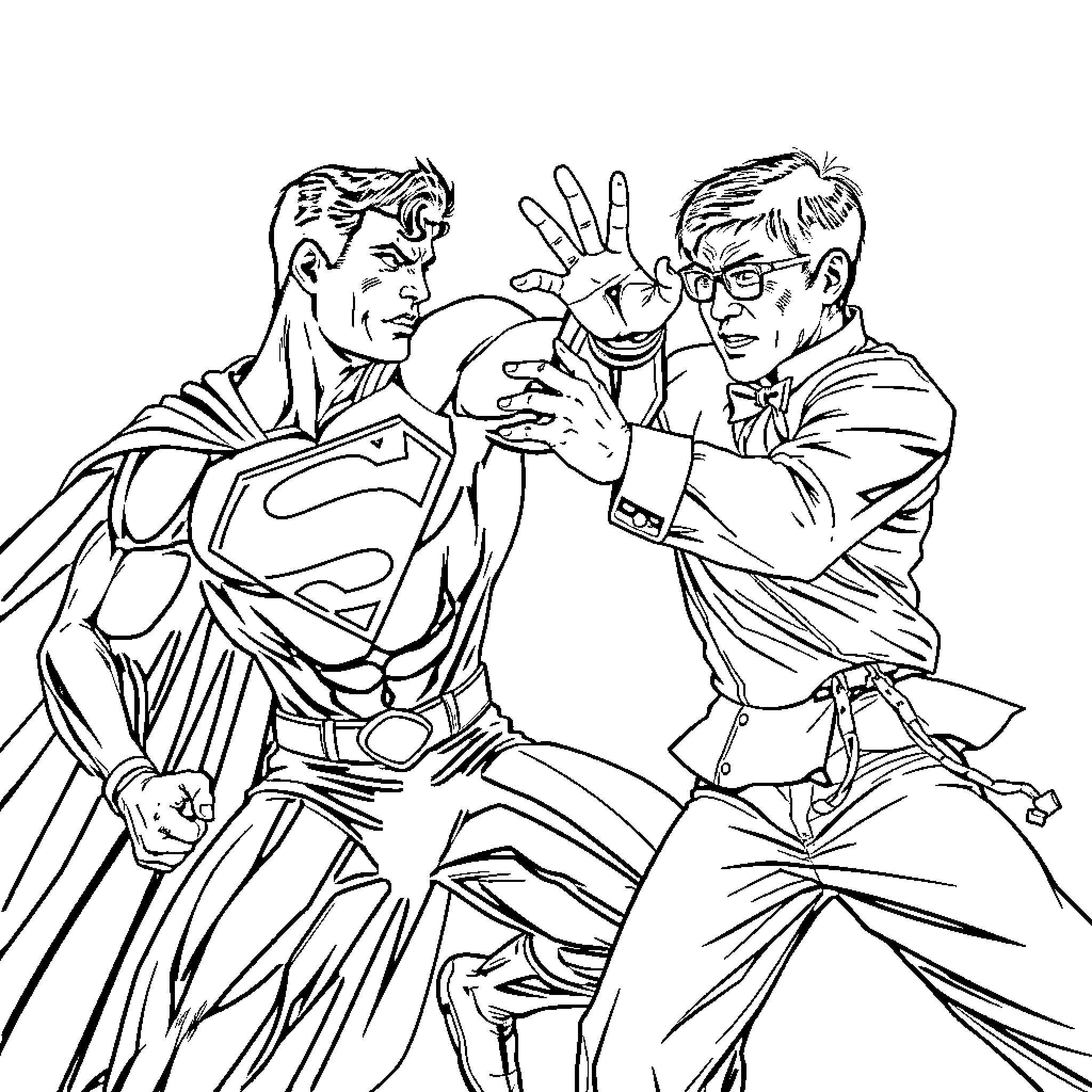 Superman confronting a scientist Coloring Page (free black-and-white line drawing printable PDF for all, from beginners to advanced learners, including children, teens, adults, and seniors)