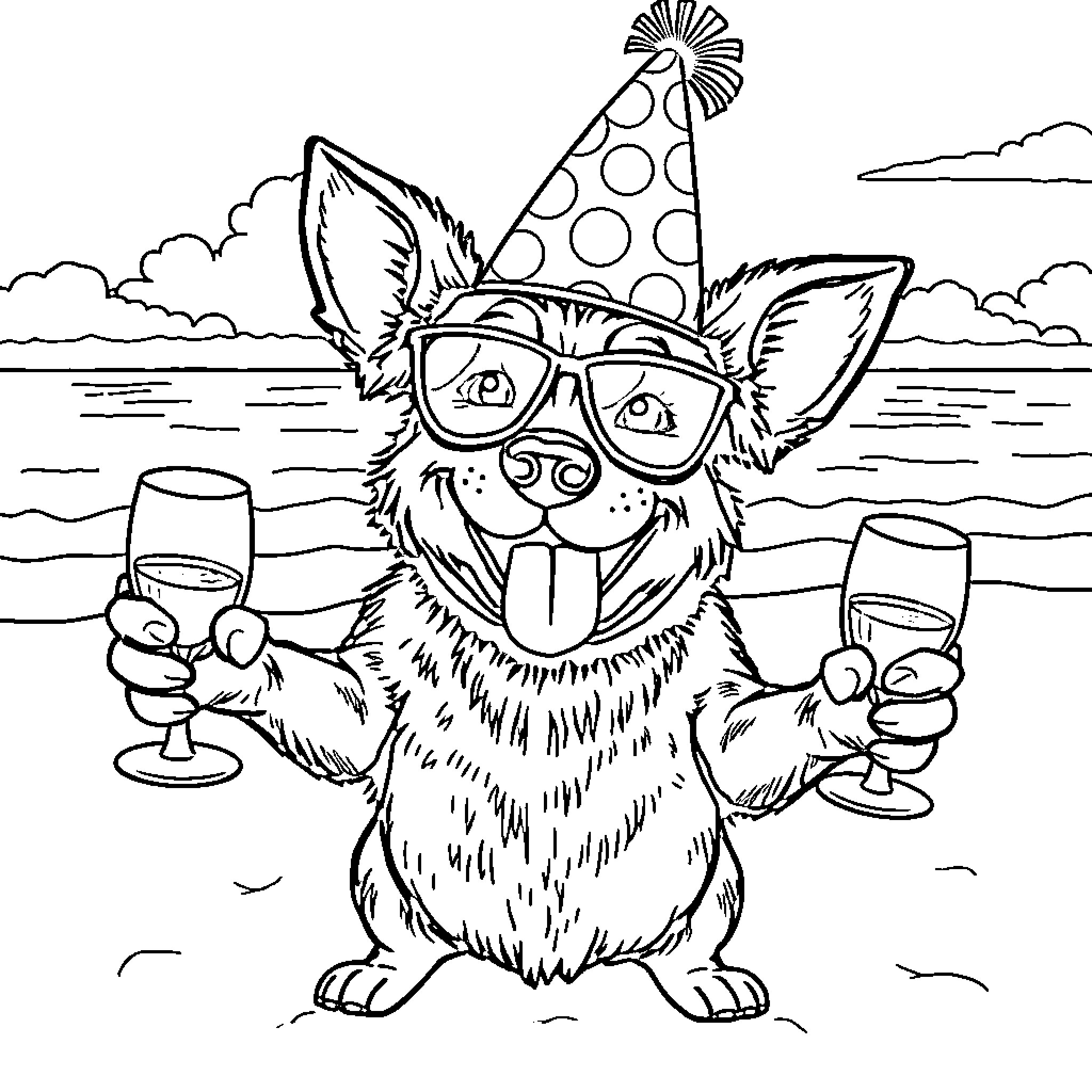 Dog celebrating with drinks on the beach Coloring Page (free black-and-white line drawing printable PDF for all, from beginners to advanced learners, including children, teens, adults, and seniors)