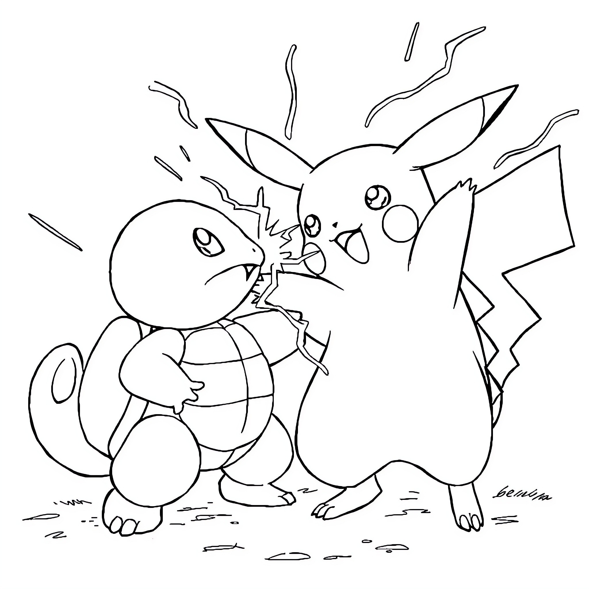 Pikachu charging up electricity in the wilderness Coloring Page (free black-and-white line drawing printable PDF for all, from beginners to advanced learners, including children, teens, adults, and seniors)