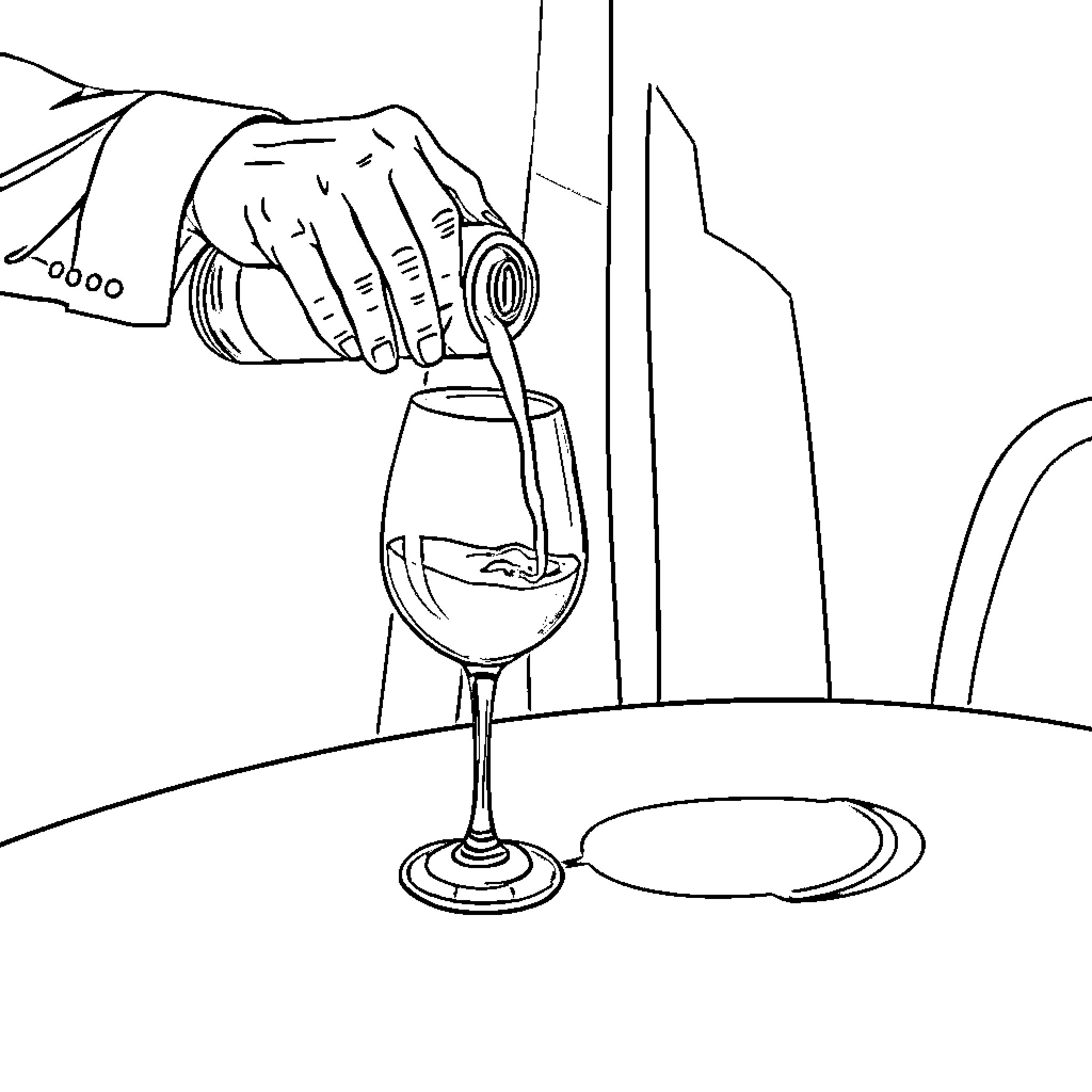 Wine being poured into glass Coloring Page (free black-and-white line drawing printable PDF for all, from beginners to advanced learners, including children, teens, adults, and seniors)