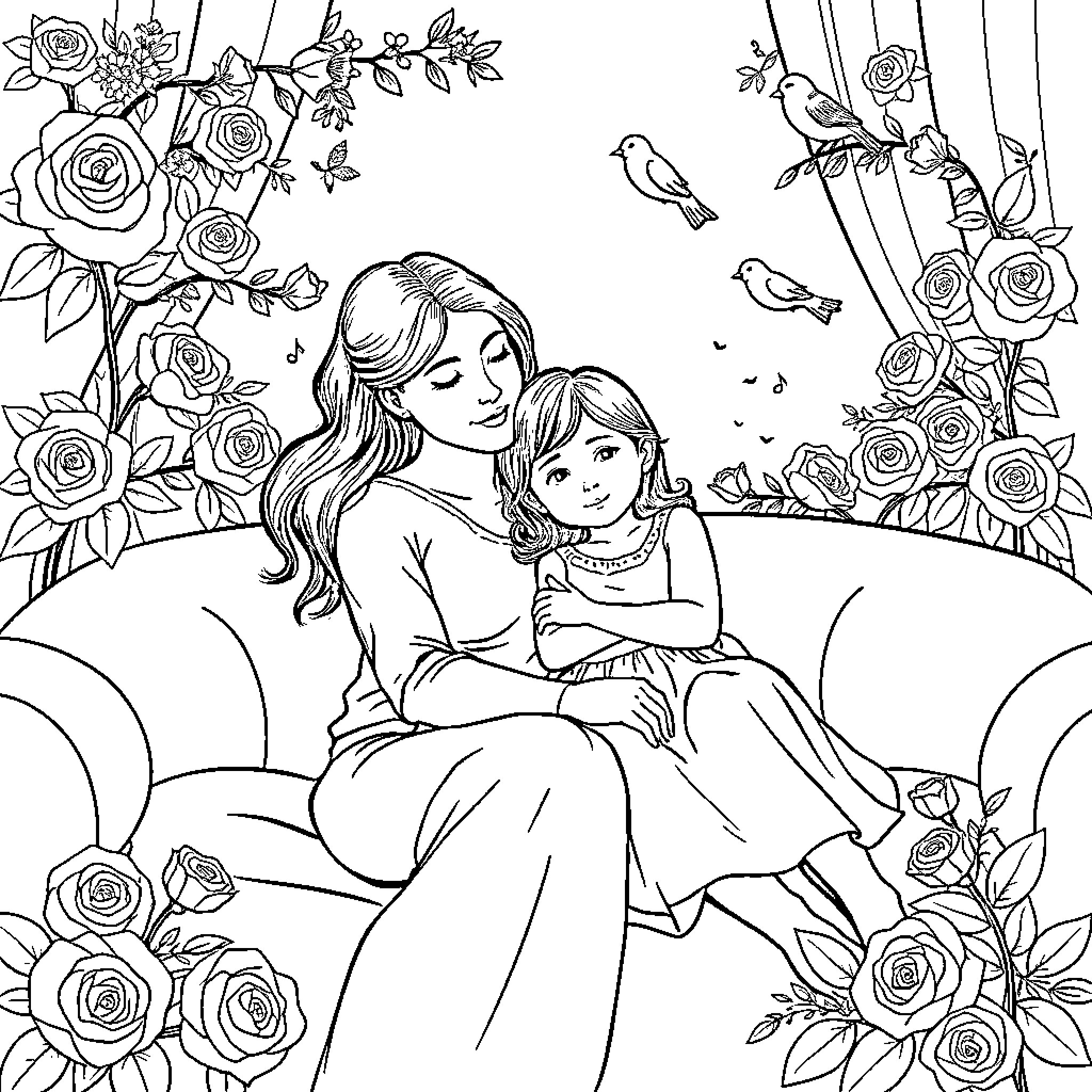 Mom and child embracing in floral garden Coloring Page (free black-and-white line drawing printable PDF for all, from beginners to advanced learners, including children, teens, adults, and seniors)