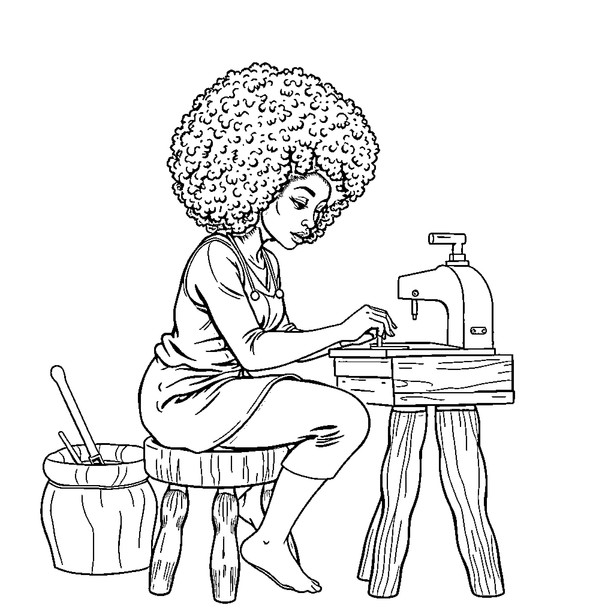 Woman working intently on sewing machine Coloring Page (free black-and-white line drawing printable PDF for all, from beginners to advanced learners, including children, teens, adults, and seniors)