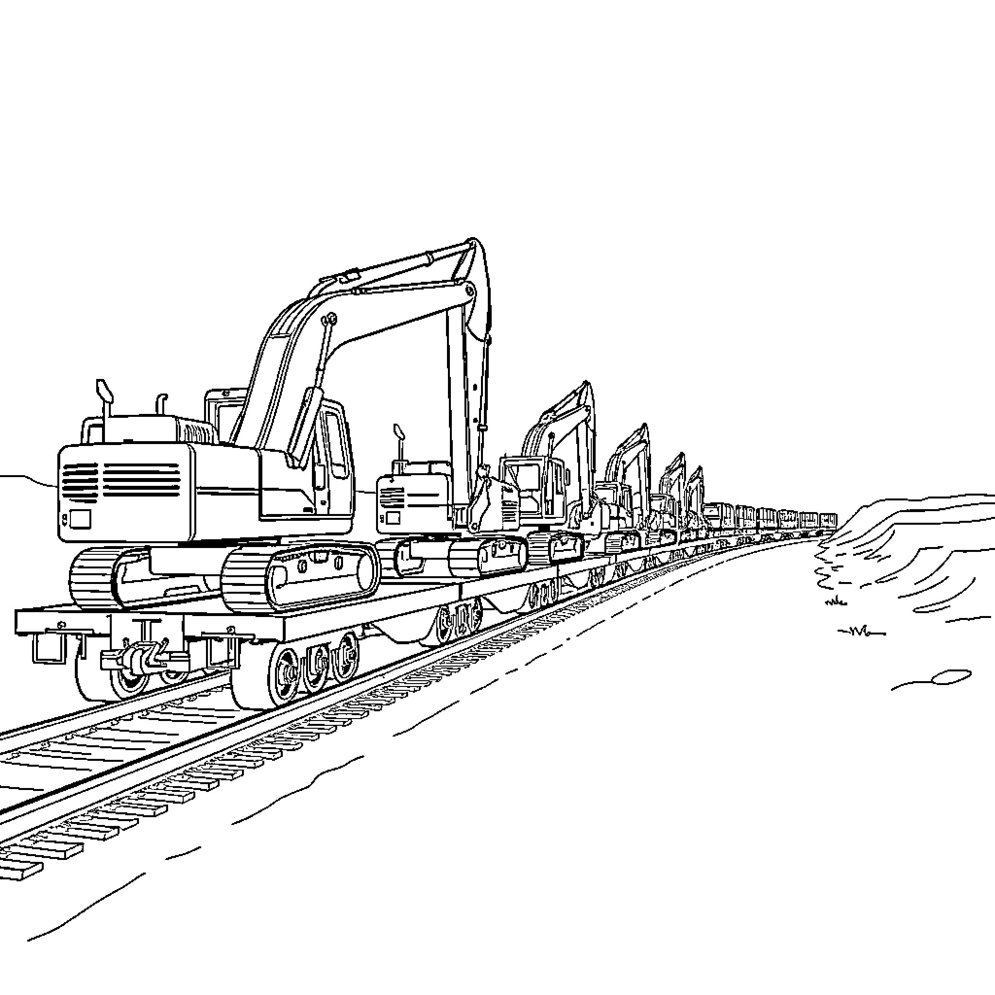 Train of construction vehicles on rail track Coloring Page (free black-and-white line drawing printable PDF for all, from beginners to advanced learners, including children, teens, adults, and seniors)