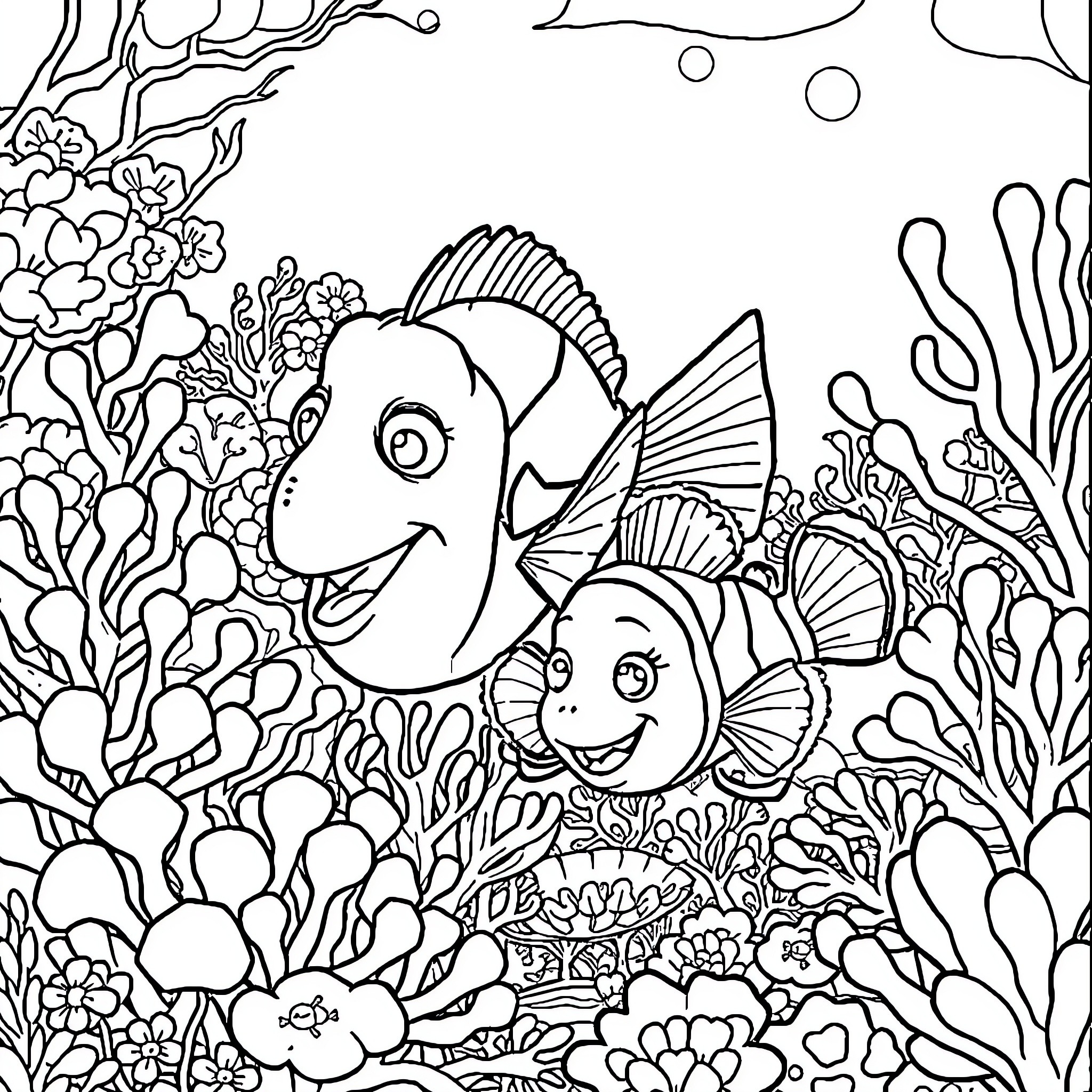 Dory and friends swimming amongst coral reef Coloring Page (free black-and-white line drawing printable PDF for all, from beginners to advanced learners, including children, teens, adults, and seniors)