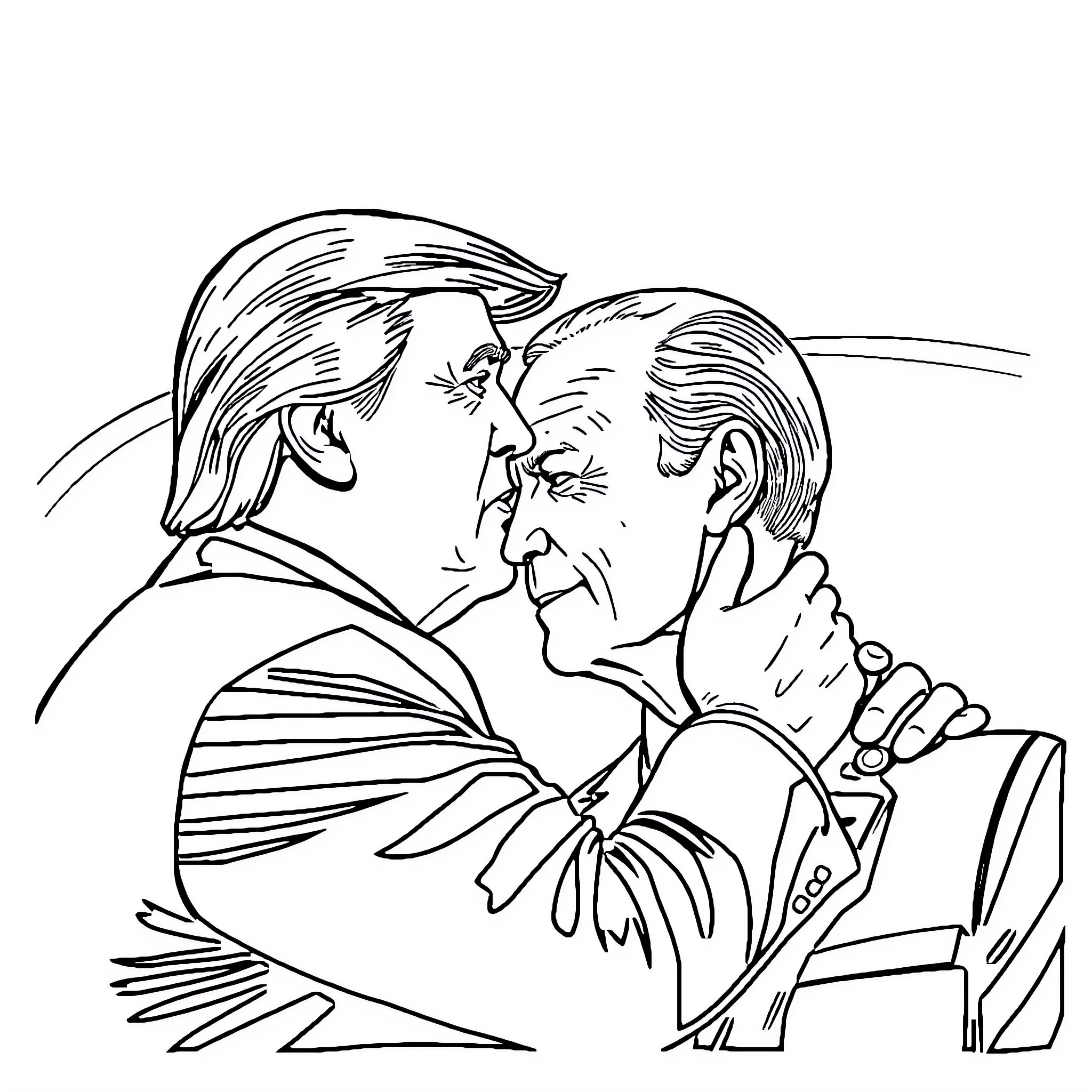 Donald Trump and Joe Biden in tense confrontation Coloring Page (free black-and-white line drawing printable PDF for all, from beginners to advanced learners, including children, teens, adults, and seniors)