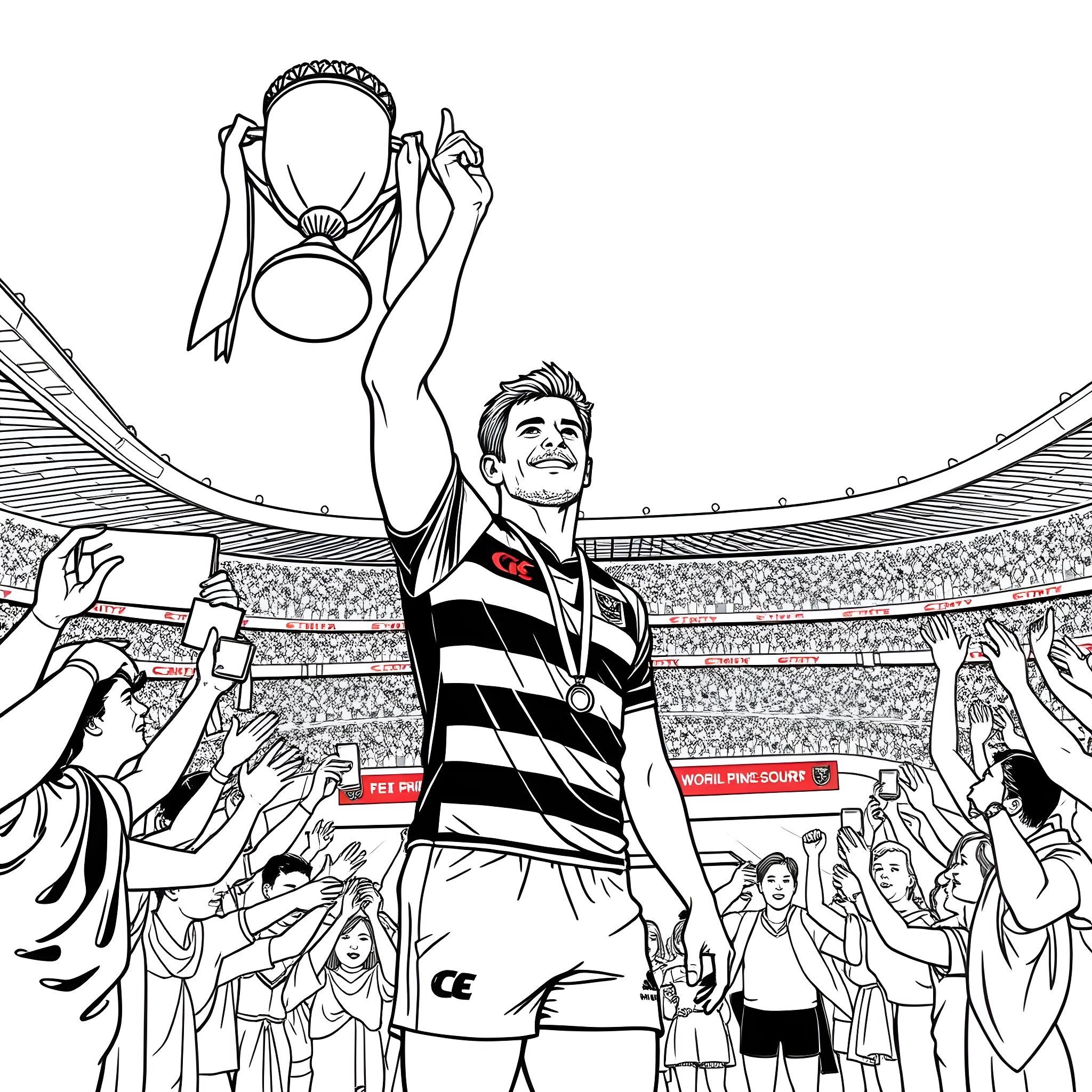 Scott Pendlebury celebrating after winning a trophy in a sports event Coloring Page (free black-and-white line drawing printable PDF for all, from beginners to advanced learners, including children, teens, adults, and seniors)