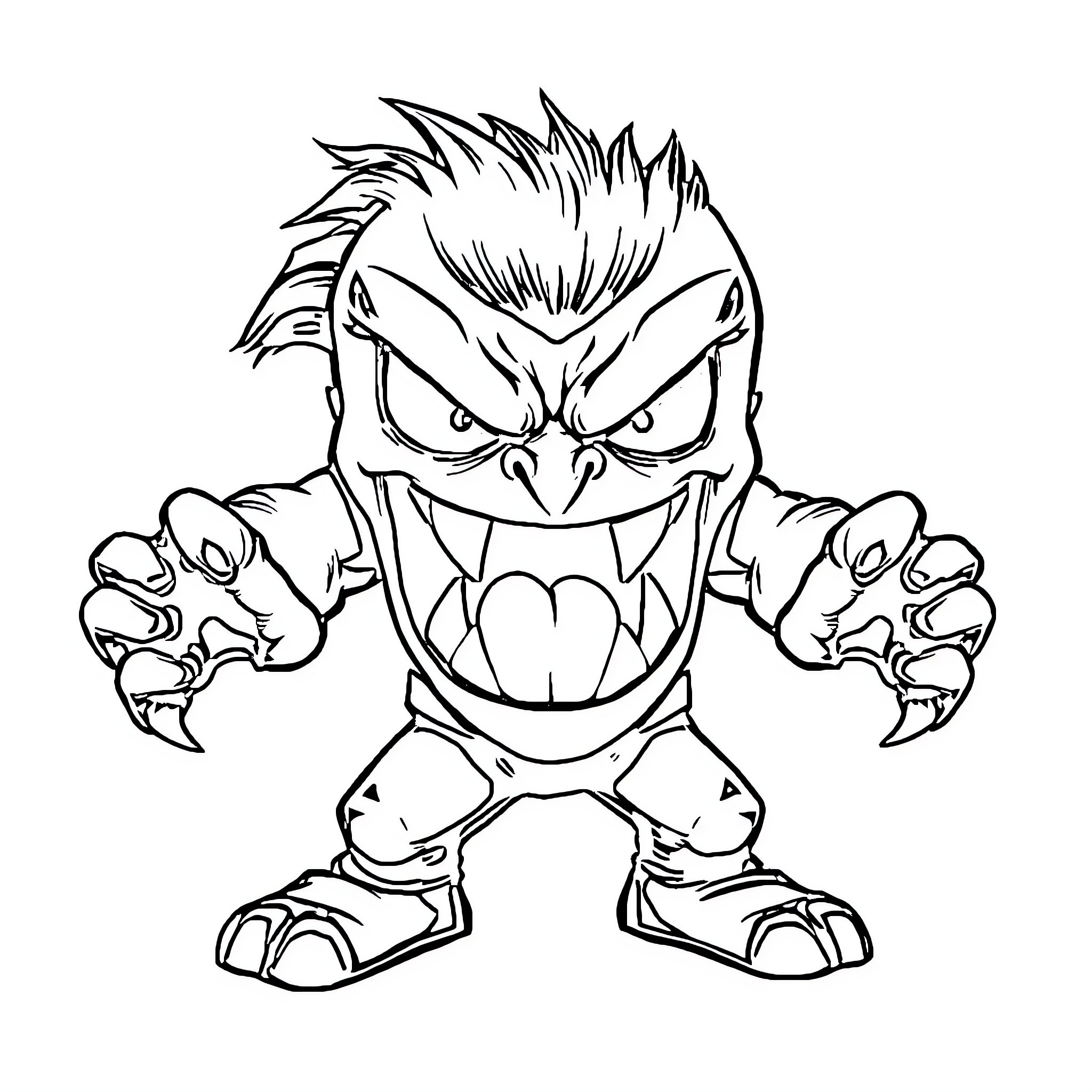 Ultramean Menacing Cartoon Creature Coloring Page (free black-and-white line drawing printable PDF for all, from beginners to advanced learners, including children, teens, adults, and seniors)