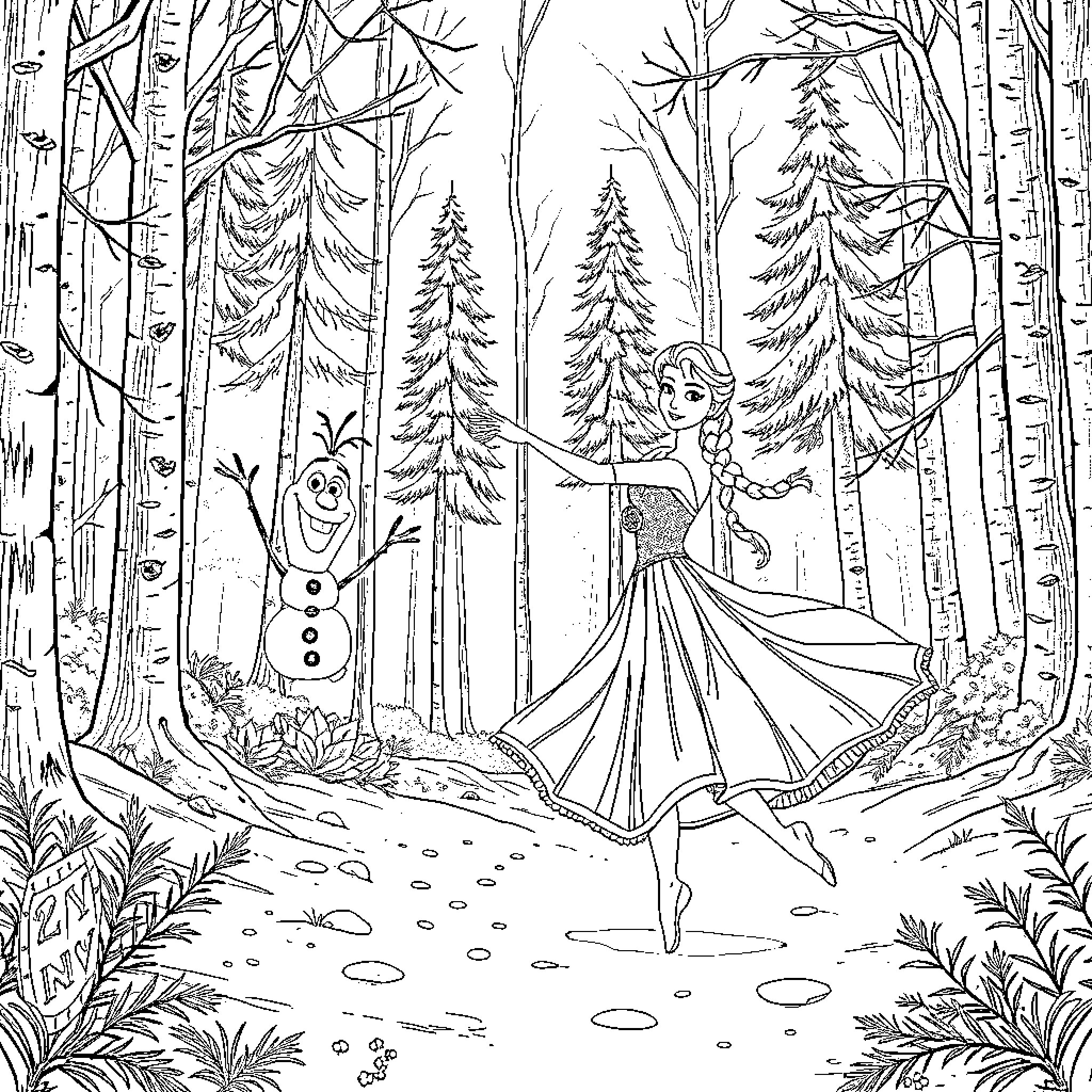 Elsa's Enchanting Forest Adventure Coloring Page (free black-and-white line drawing printable PDF for all, from beginners to advanced learners, including children, teens, adults, and seniors)
