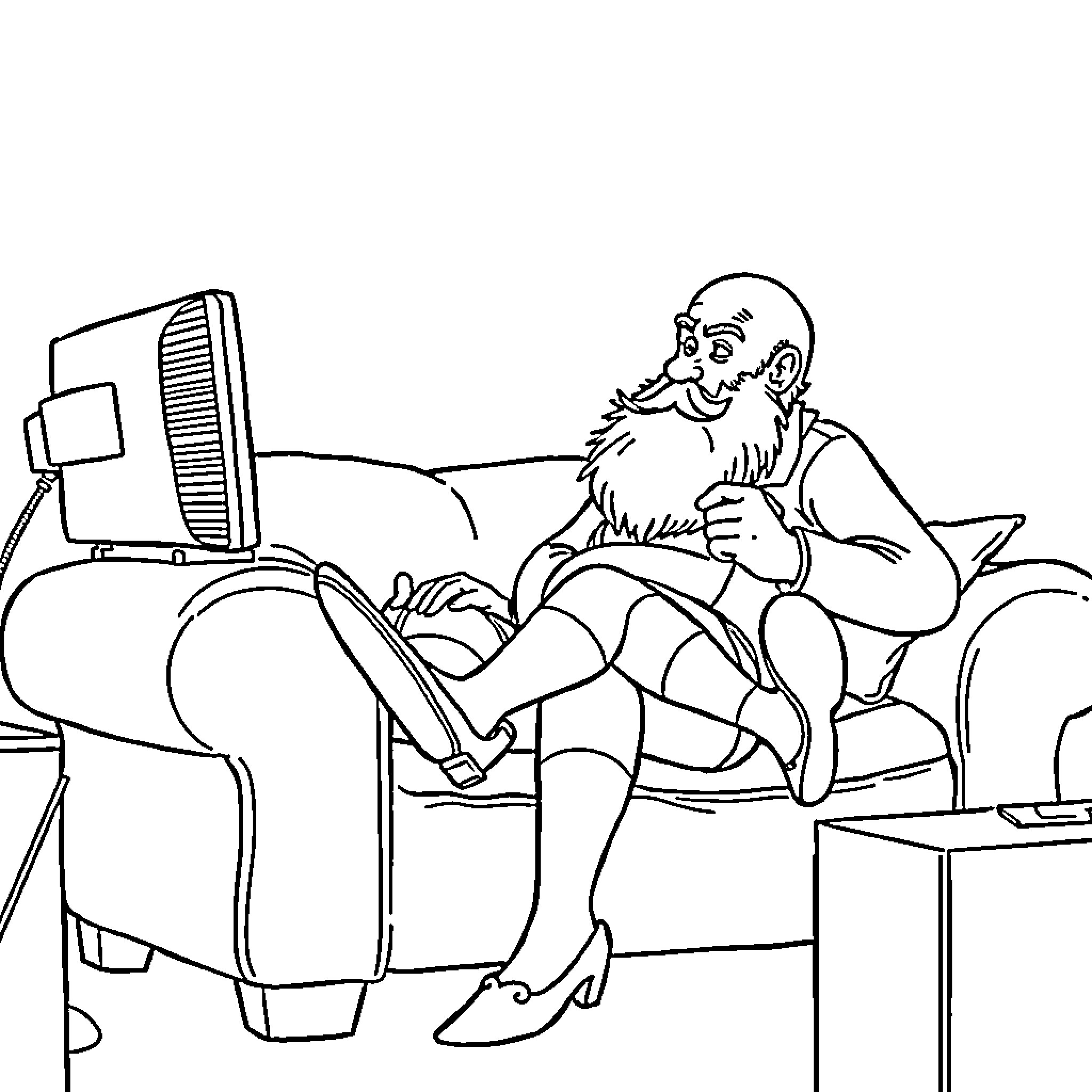 Man relaxing comfortably in his chair at home Coloring Page (free black-and-white line drawing printable PDF for all, from beginners to advanced learners, including children, teens, adults, and seniors)