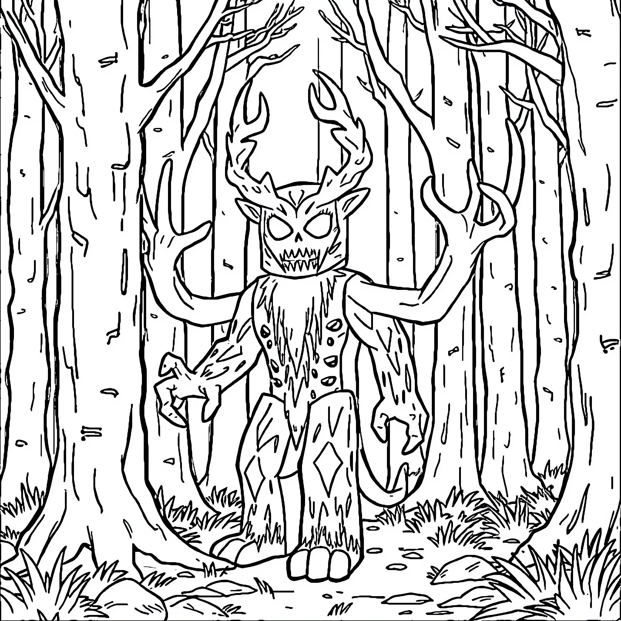 Wendigo standing menacingly in a dark forest Coloring Page (free black-and-white line drawing printable PDF for all, from beginners to advanced learners, including children, teens, adults, and seniors)