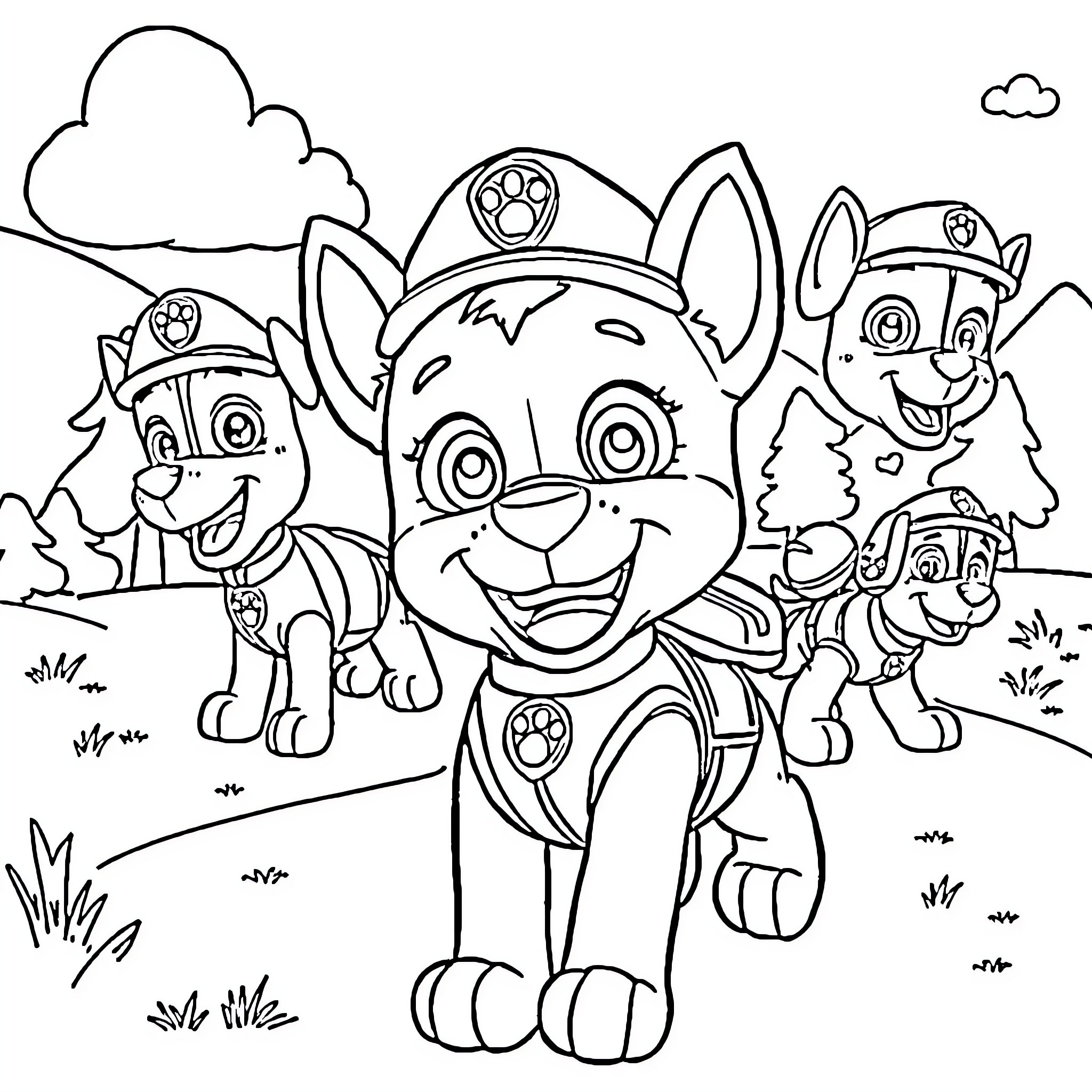 Bluey and the Paw Patrol pups on an adventure Coloring Page (free black-and-white line drawing printable PDF for all, from beginners to advanced learners, including children, teens, adults, and seniors)