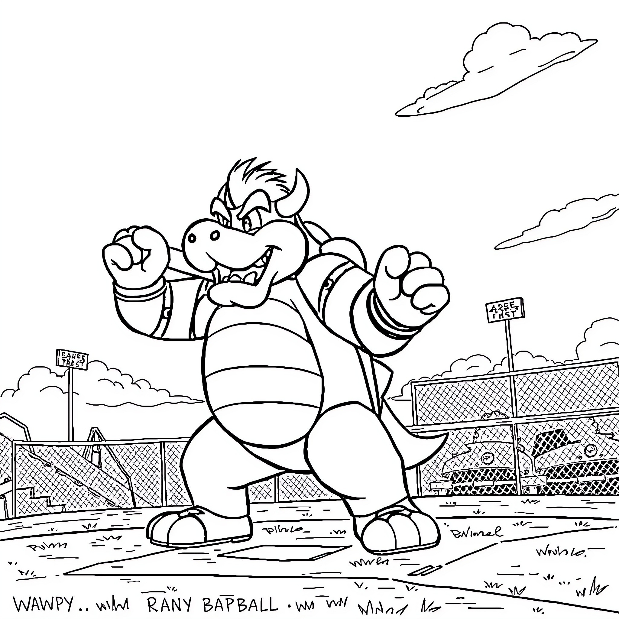 Bowser playing raucous baseball in the park Coloring Page (free black-and-white line drawing printable PDF for all, from beginners to advanced learners, including children, teens, adults, and seniors)