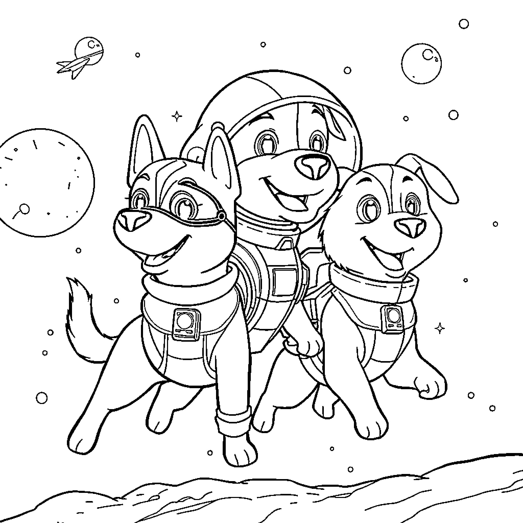 Paw Patrol space exploration adventure Coloring Page (free black-and-white line drawing printable PDF for all, from beginners to advanced learners, including children, teens, adults, and seniors)