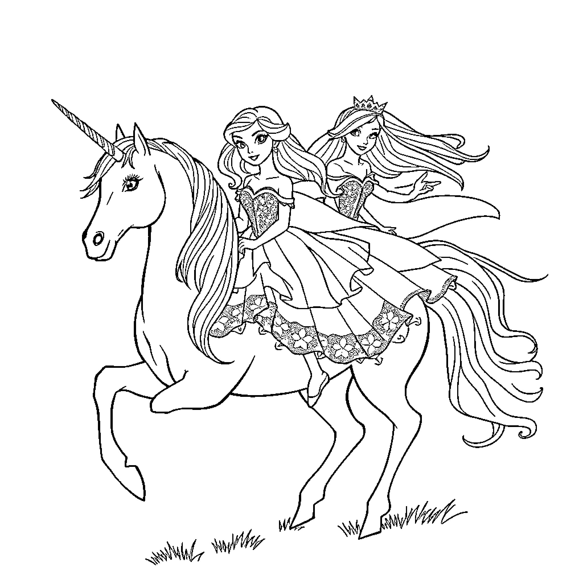 Princess and Unicorn on a Fantasy Adventure Coloring Page (free black-and-white line drawing printable PDF for all, from beginners to advanced learners, including children, teens, adults, and seniors)