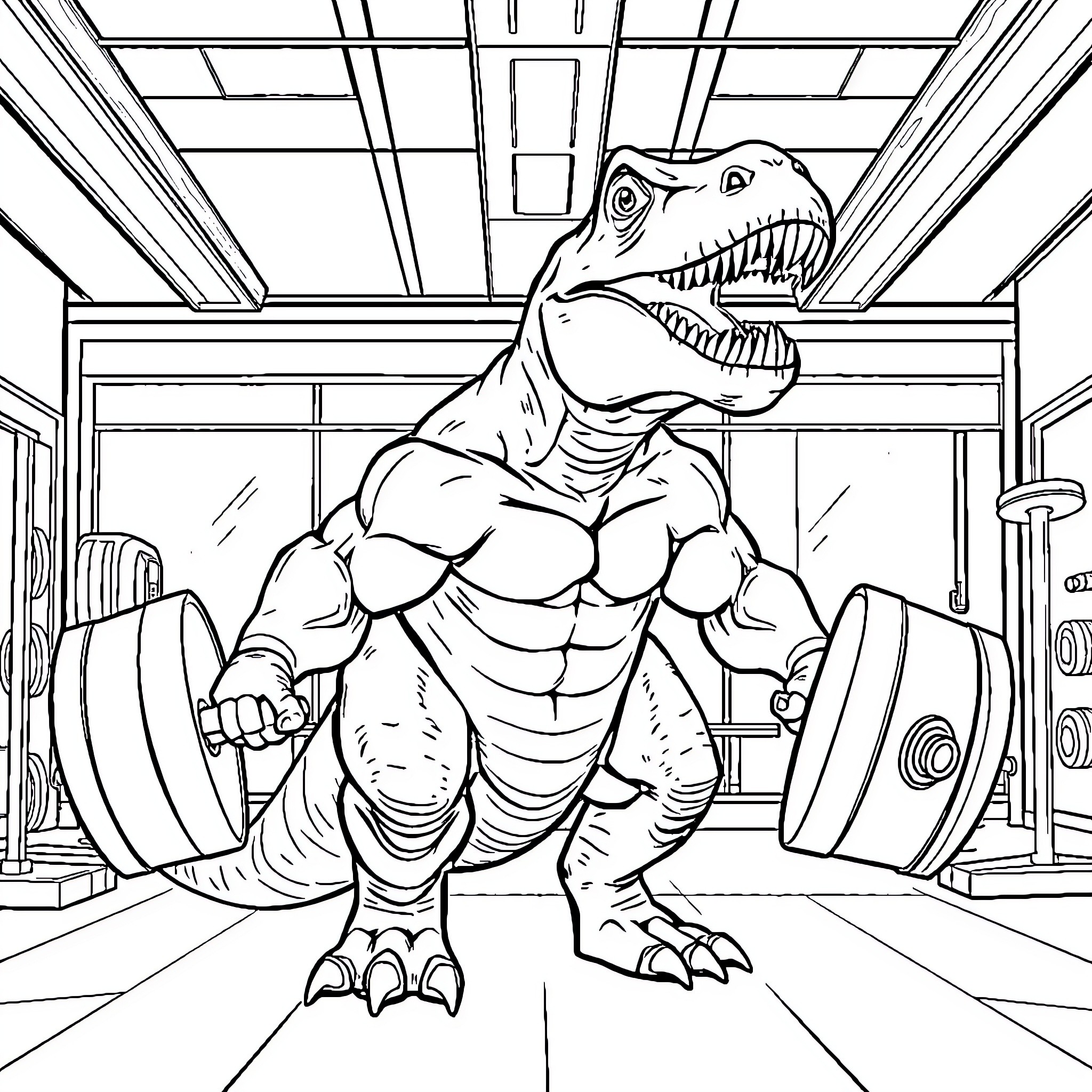 Dinosaur Powerlifting in the Gym Coloring Page (free black-and-white line drawing printable PDF for all, from beginners to advanced learners, including children, teens, adults, and seniors)