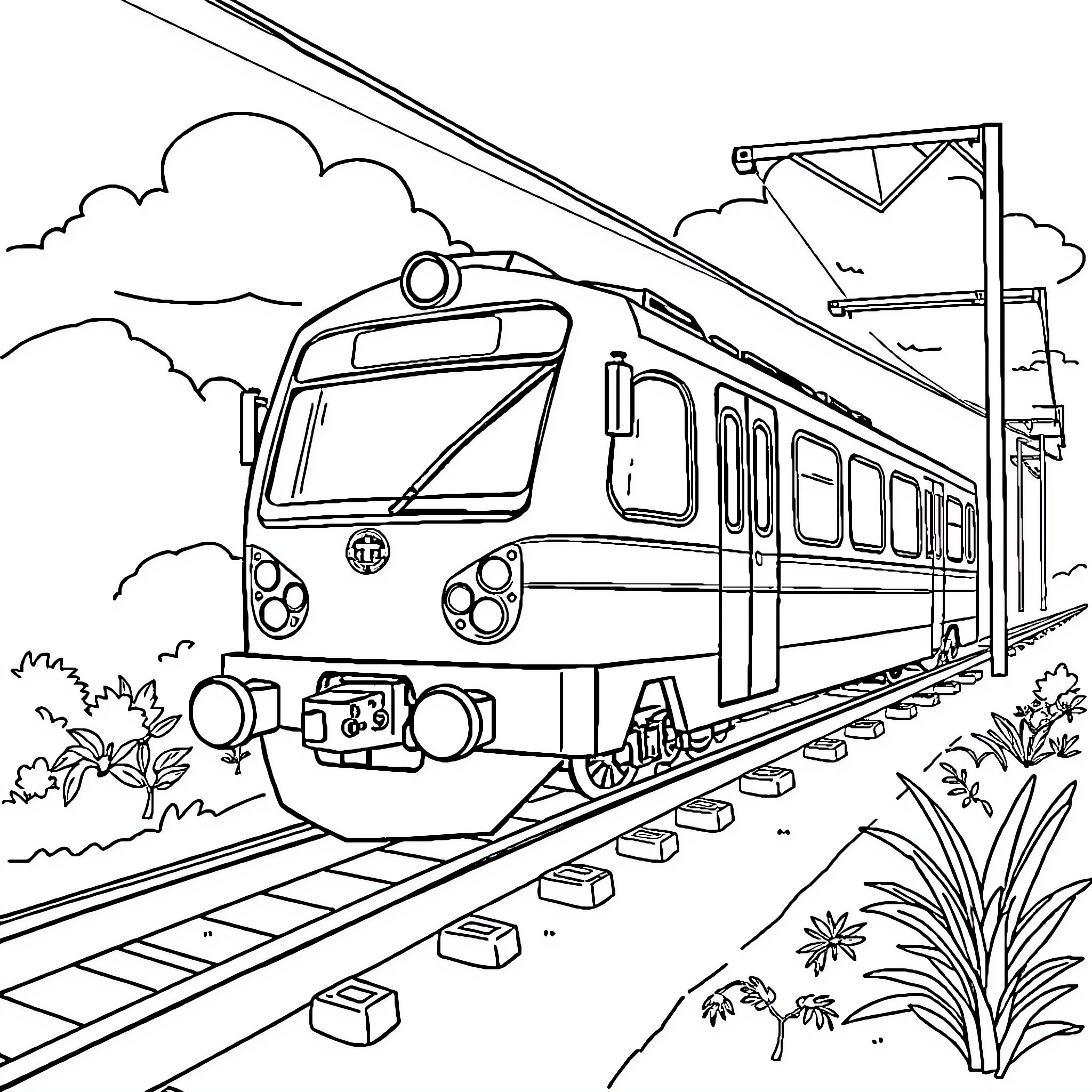 Train travelling on tracks through scenic landscape Coloring Page (free black-and-white line drawing printable PDF for all, from beginners to advanced learners, including children, teens, adults, and seniors)