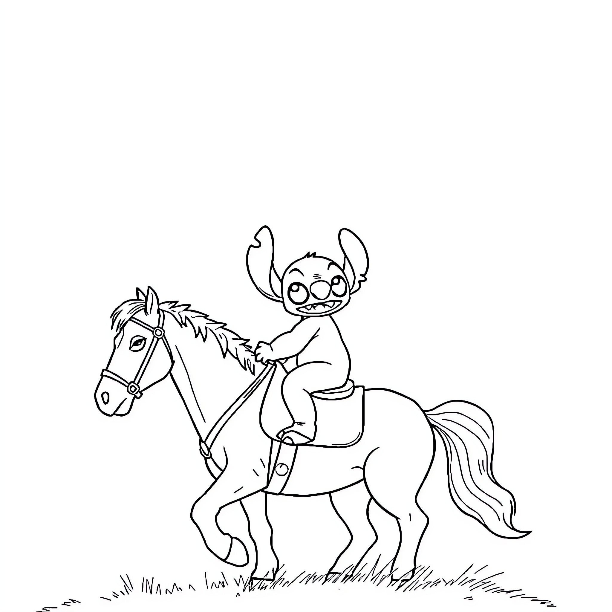 Stitch riding a horse through the countryside Coloring Page (free black-and-white line drawing printable PDF for all, from beginners to advanced learners, including children, teens, adults, and seniors)