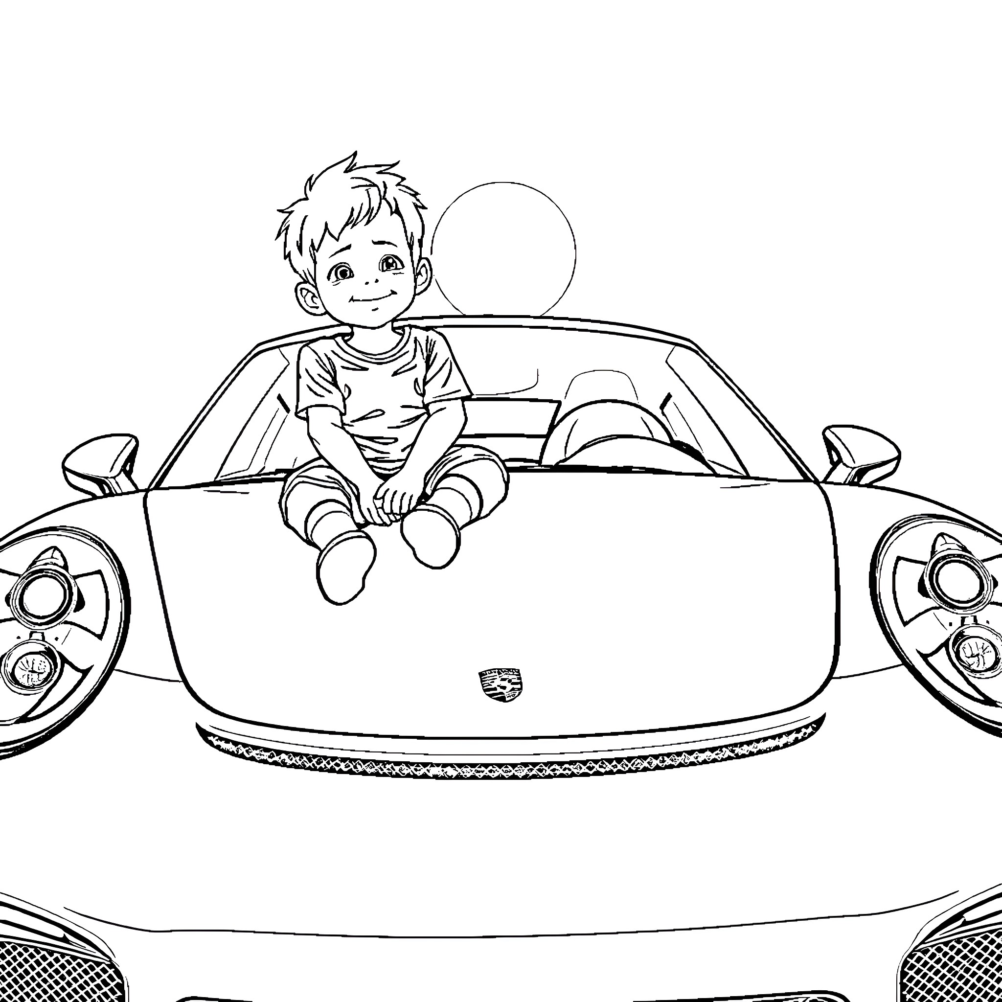 Boy riding happily in a sports car Coloring Page (free black-and-white line drawing printable PDF for all, from beginners to advanced learners, including children, teens, adults, and seniors)