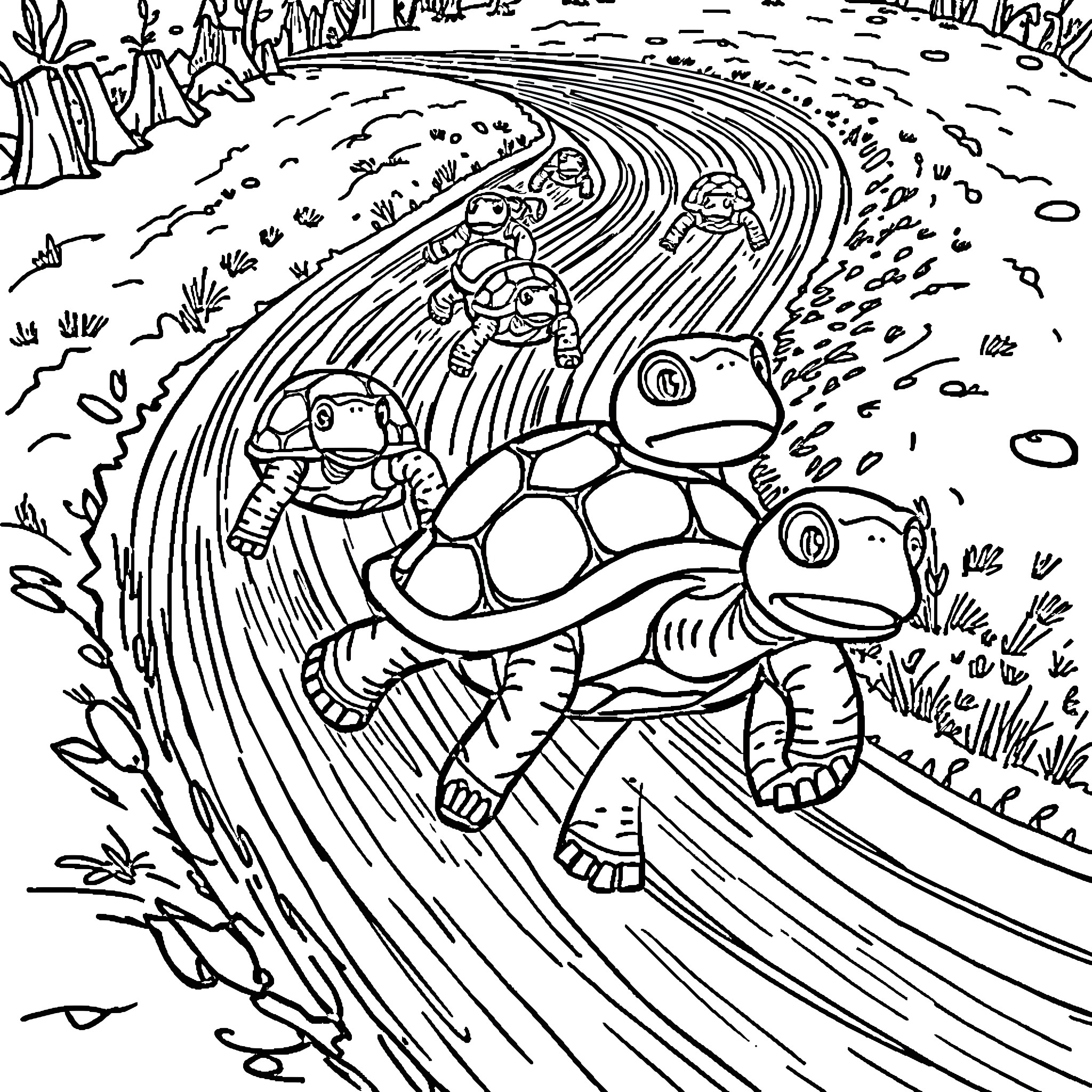 Turtle family enjoying a river adventure Coloring Page (free black-and-white line drawing printable PDF for all, from beginners to advanced learners, including children, teens, adults, and seniors)