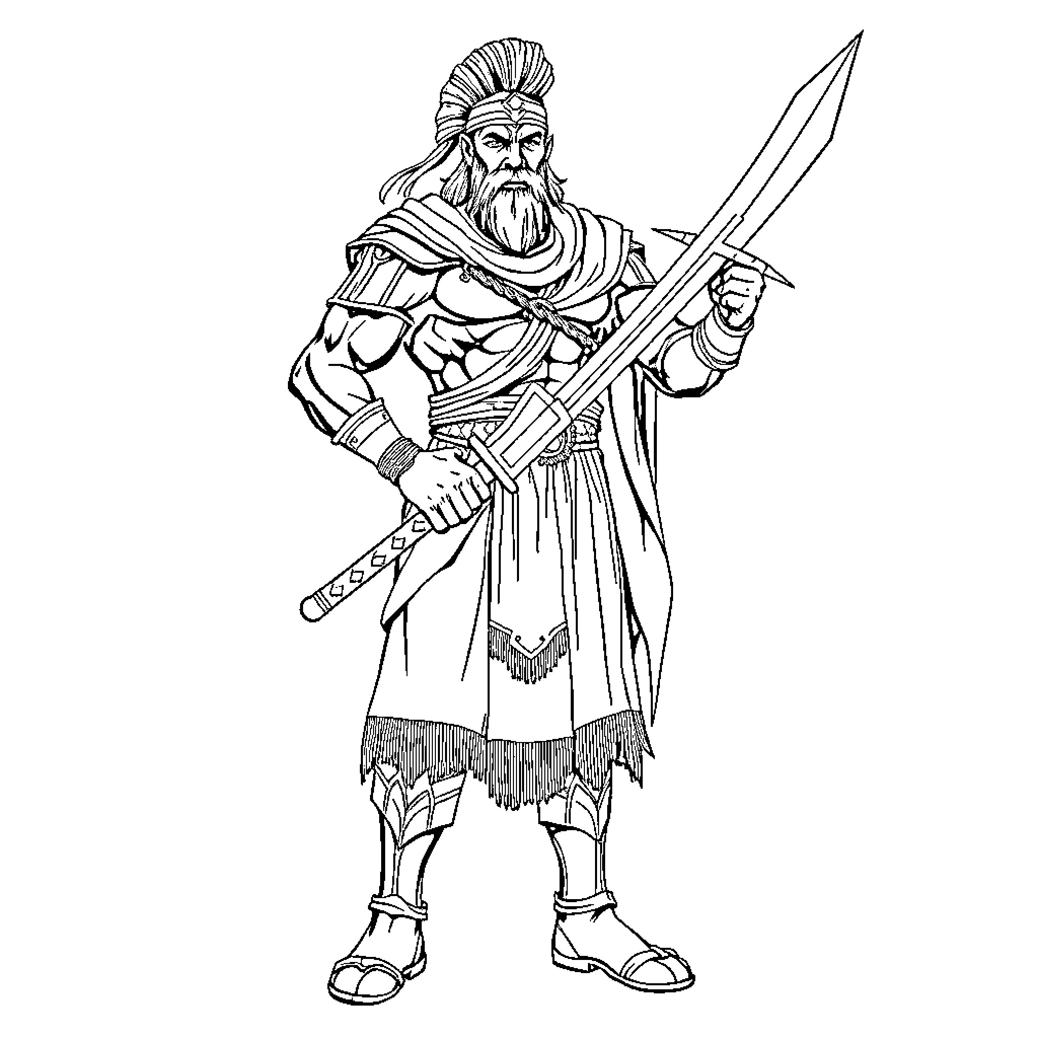 Ogun, the Warrior Deity in Heroic Pose Coloring Page (free black-and-white line drawing printable PDF for all, from beginners to advanced learners, including children, teens, adults, and seniors)