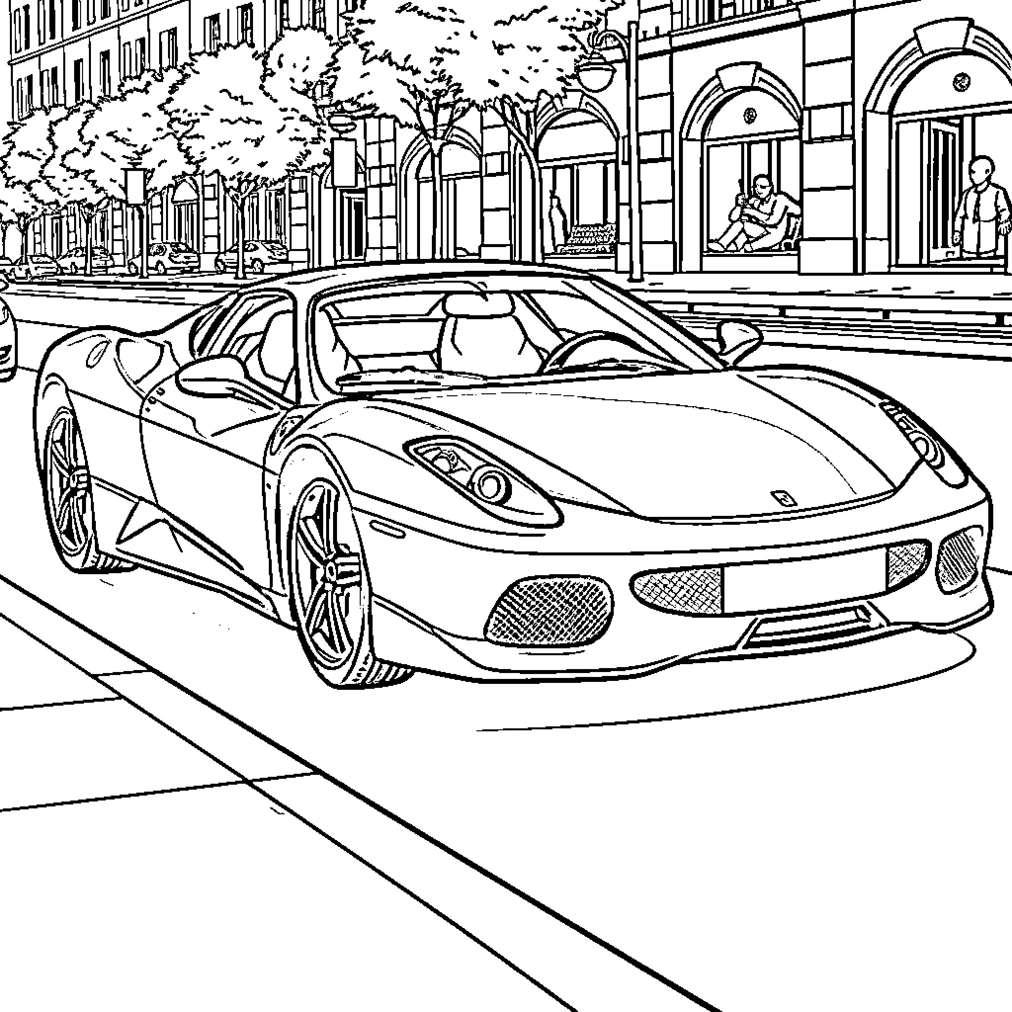 Ferrari sports car on the city street Coloring Page (free black-and-white line drawing printable PDF for all, from beginners to advanced learners, including children, teens, adults, and seniors)