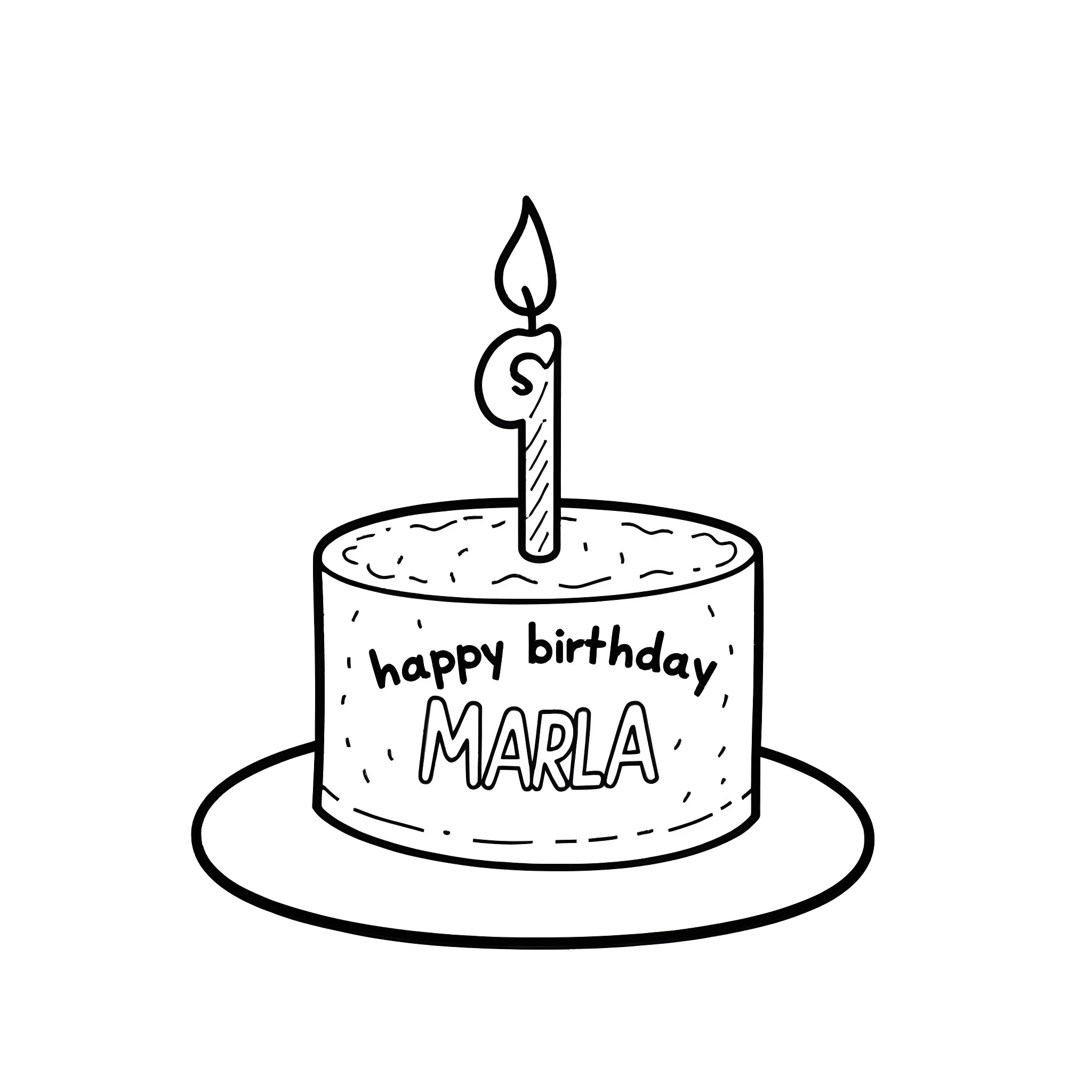 Birthday Cake for Marla Coloring Page (free black-and-white line drawing printable PDF for all, from beginners to advanced learners, including children, teens, adults, and seniors)
