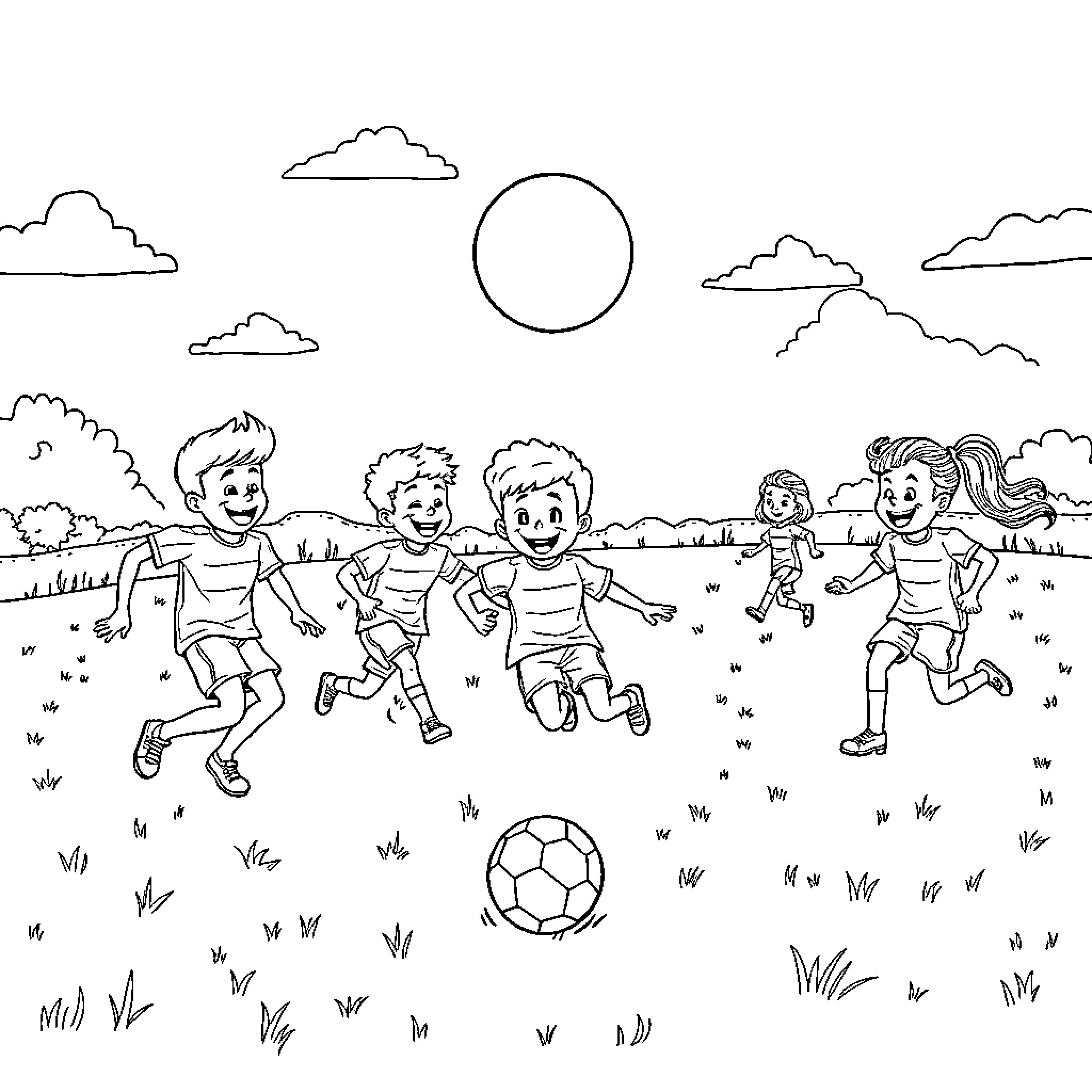Tralalerito Children Playing Soccer Outdoors Coloring Page (free black-and-white line drawing printable PDF for all, from beginners to advanced learners, including children, teens, adults, and seniors)