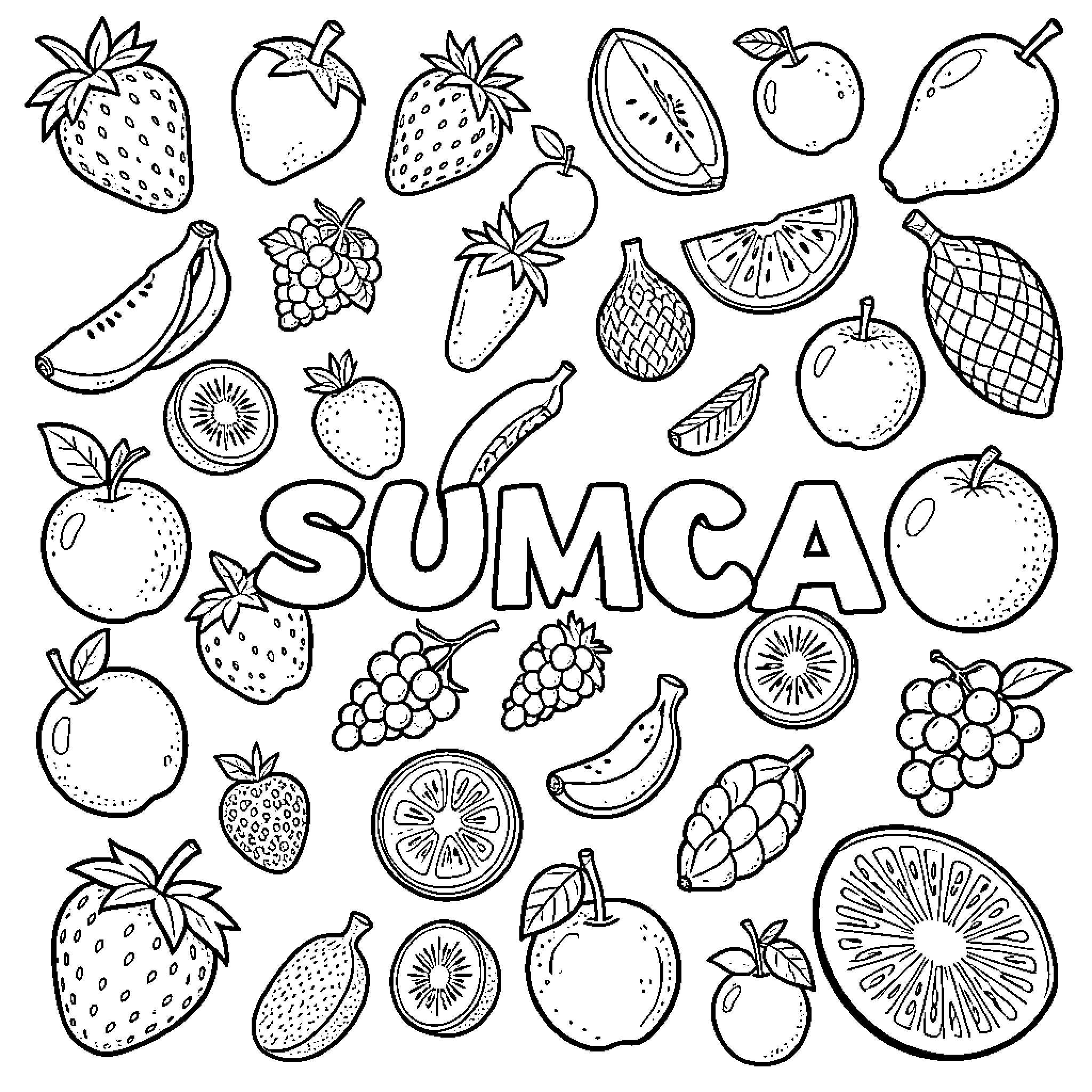 Fruit arranged in a playful pattern across the page Coloring Page (free black-and-white line drawing printable PDF for all, from beginners to advanced learners, including children, teens, adults, and seniors)