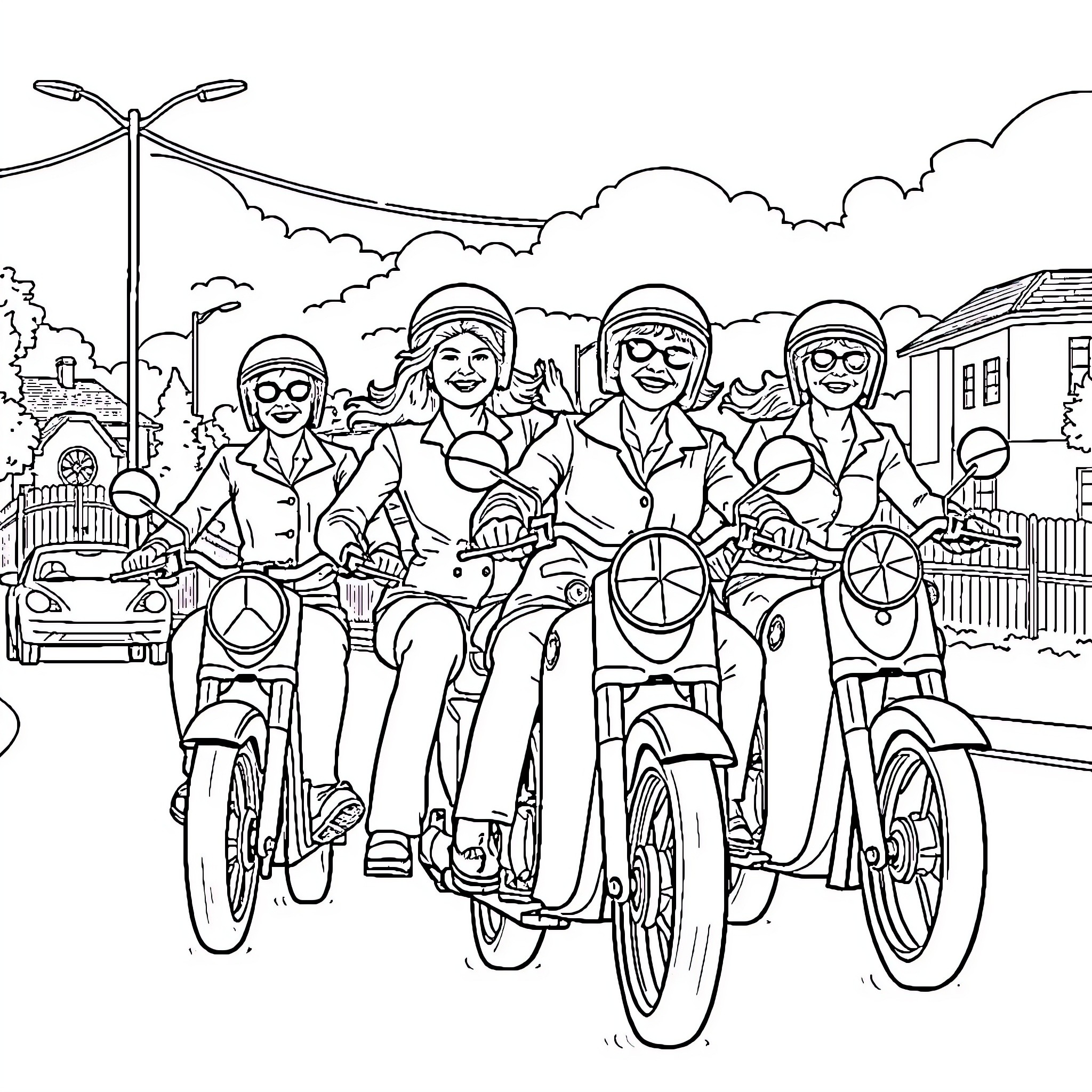 Golden Girls Enjoy Carefree Bicycle Ride Coloring Page (free black-and-white line drawing printable PDF for all, from beginners to advanced learners, including children, teens, adults, and seniors)