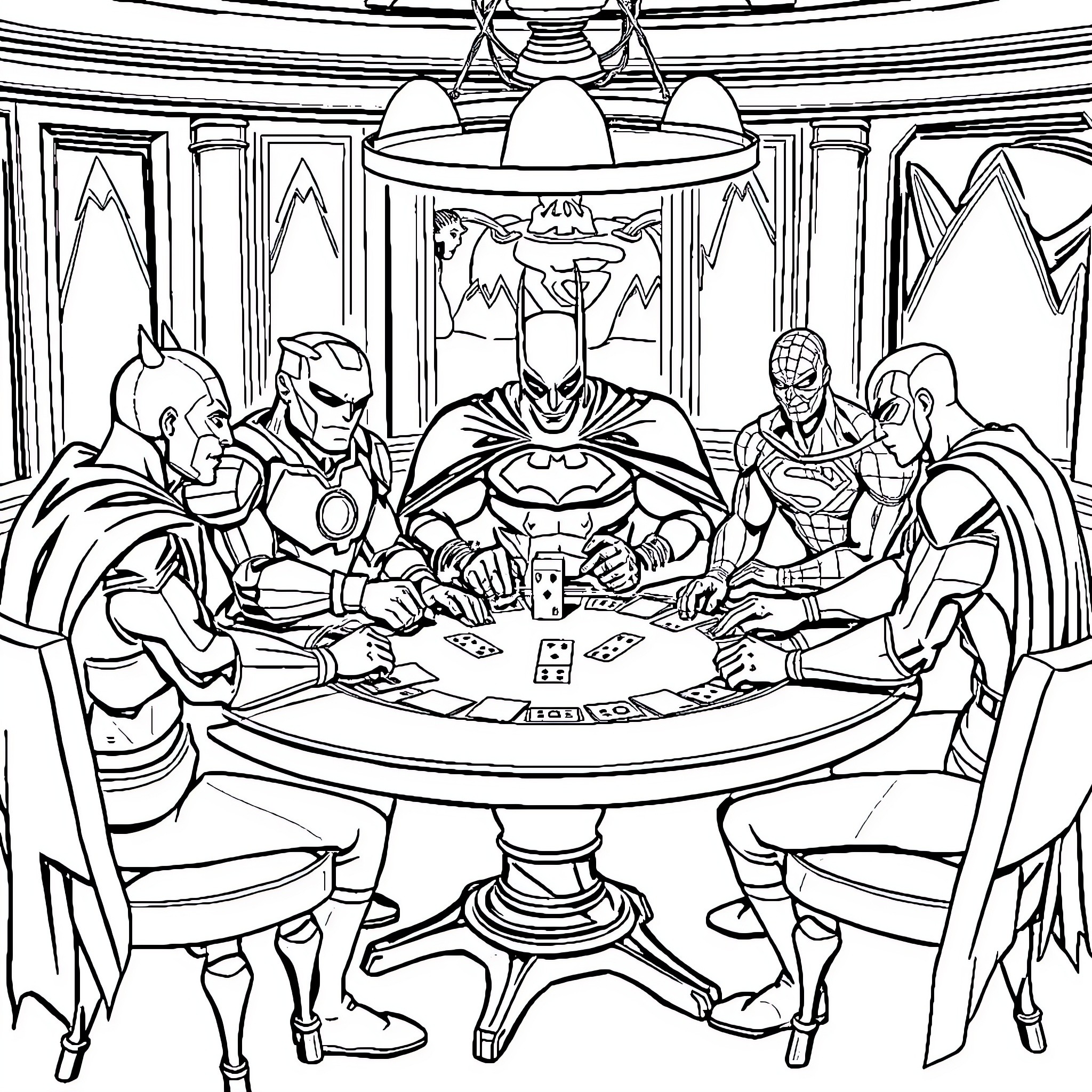 Batman and Heroes Playing Cards in Fancy Room Coloring Page (free black-and-white line drawing printable PDF for all, from beginners to advanced learners, including children, teens, adults, and seniors)