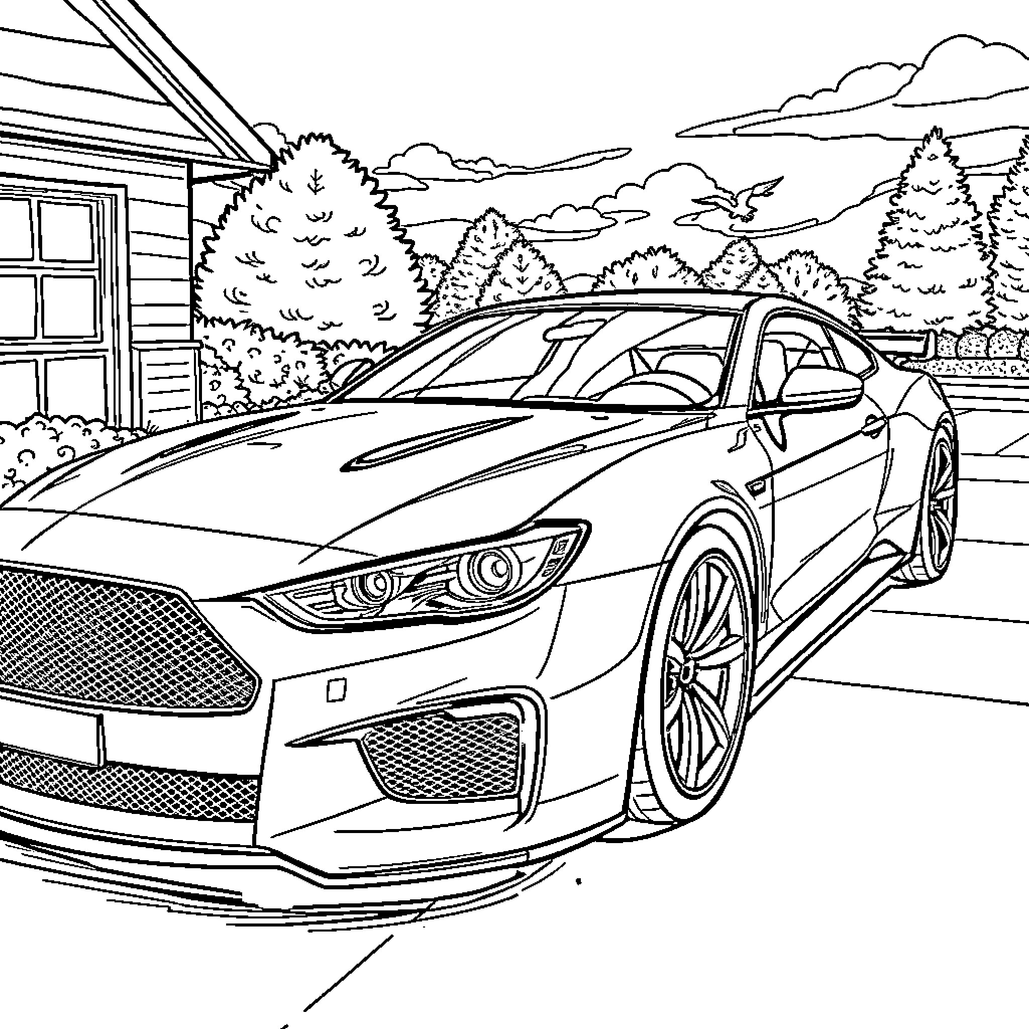 Car parked in scenic countryside landscape Coloring Page (free black-and-white line drawing printable PDF for all, from beginners to advanced learners, including children, teens, adults, and seniors)