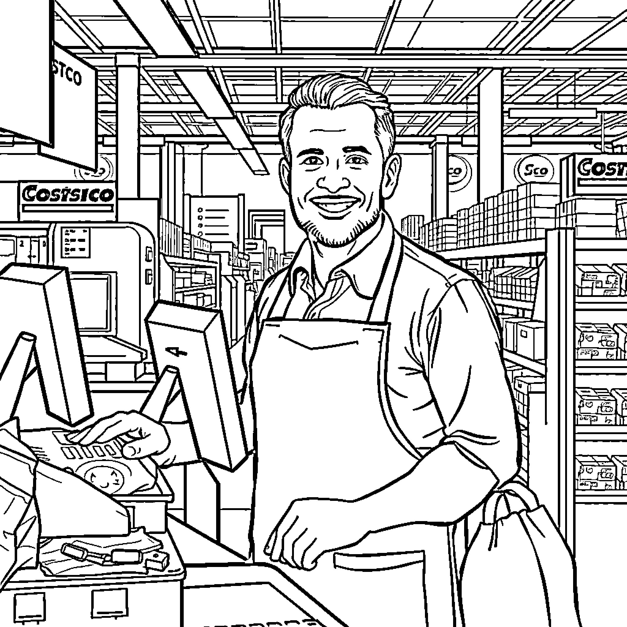 Supervisor Assisting Customers in Retail Store Coloring Page (free black-and-white line drawing printable PDF for all, from beginners to advanced learners, including children, teens, adults, and seniors)
