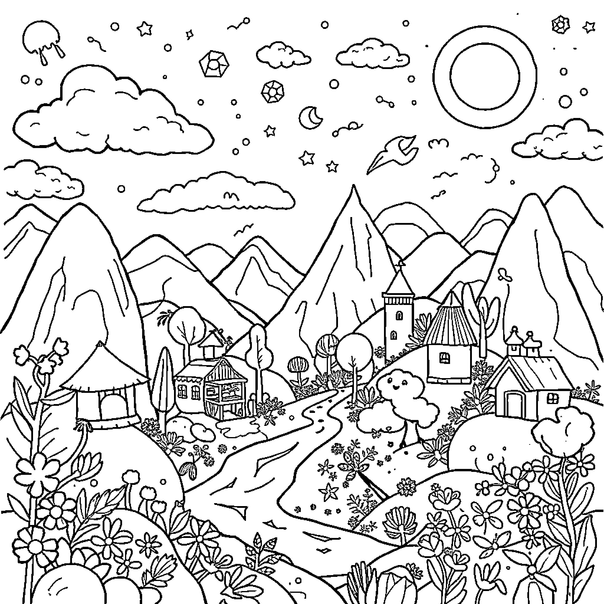 Dandy Whimsical Mountainous Landscape Coloring Page (free black-and-white line drawing printable PDF for all, from beginners to advanced learners, including children, teens, adults, and seniors)