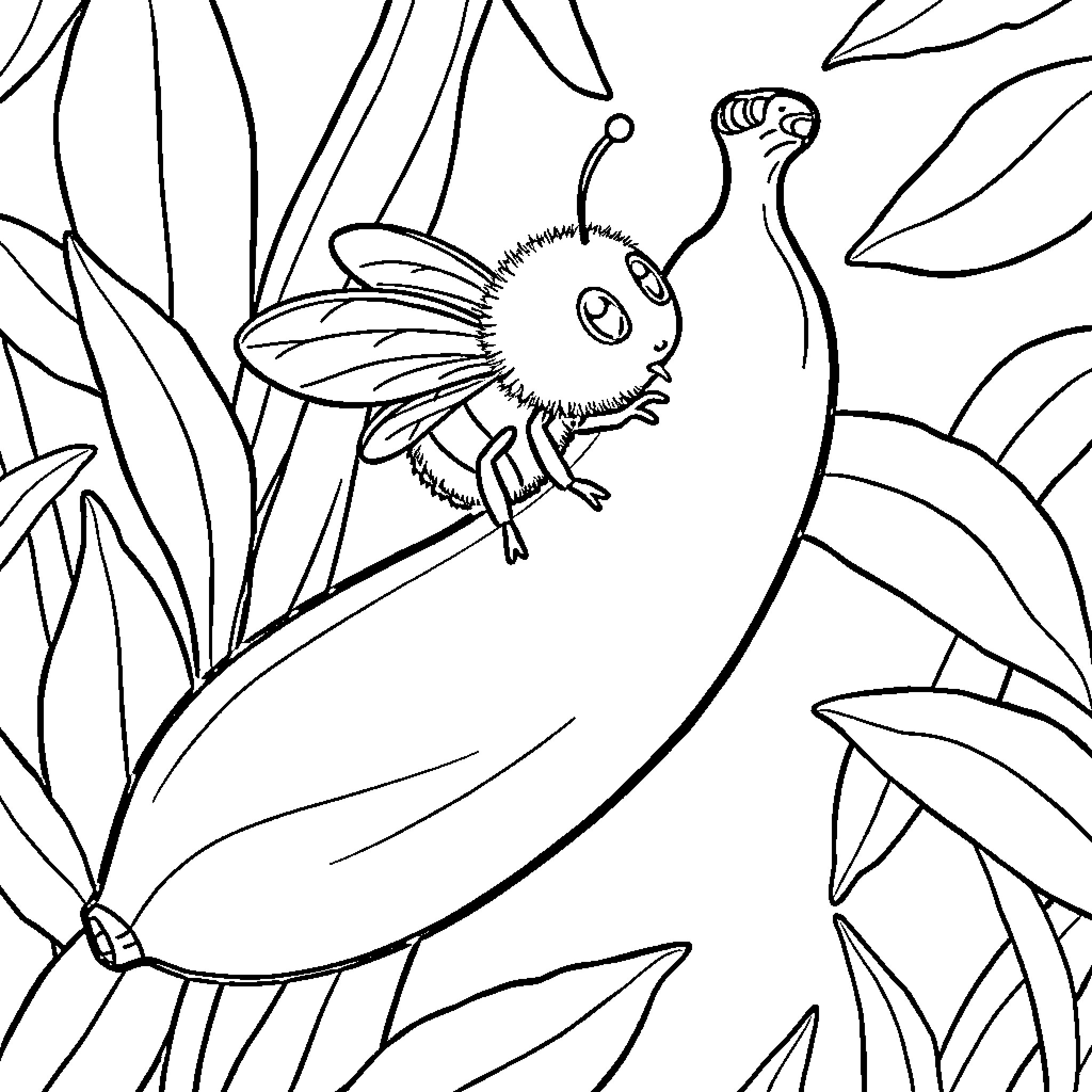 Bee hovering amidst vibrant foliage Coloring Page (free black-and-white line drawing printable PDF for all, from beginners to advanced learners, including children, teens, adults, and seniors)