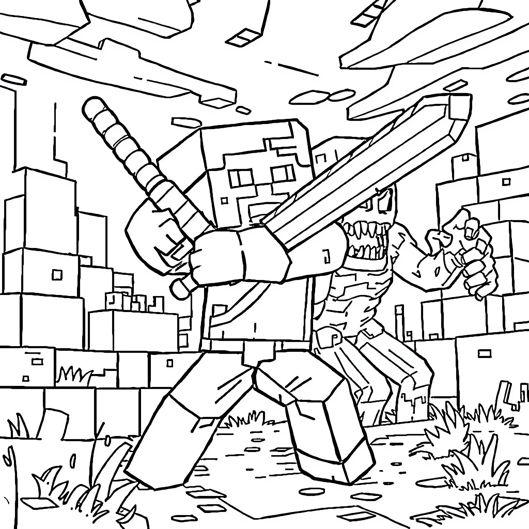 Minecraft Person Wielding Massive Sword in Pixelated Landscape Coloring Page (free black-and-white line drawing printable PDF for all, from beginners to advanced learners, including children, teens, adults, and seniors)
