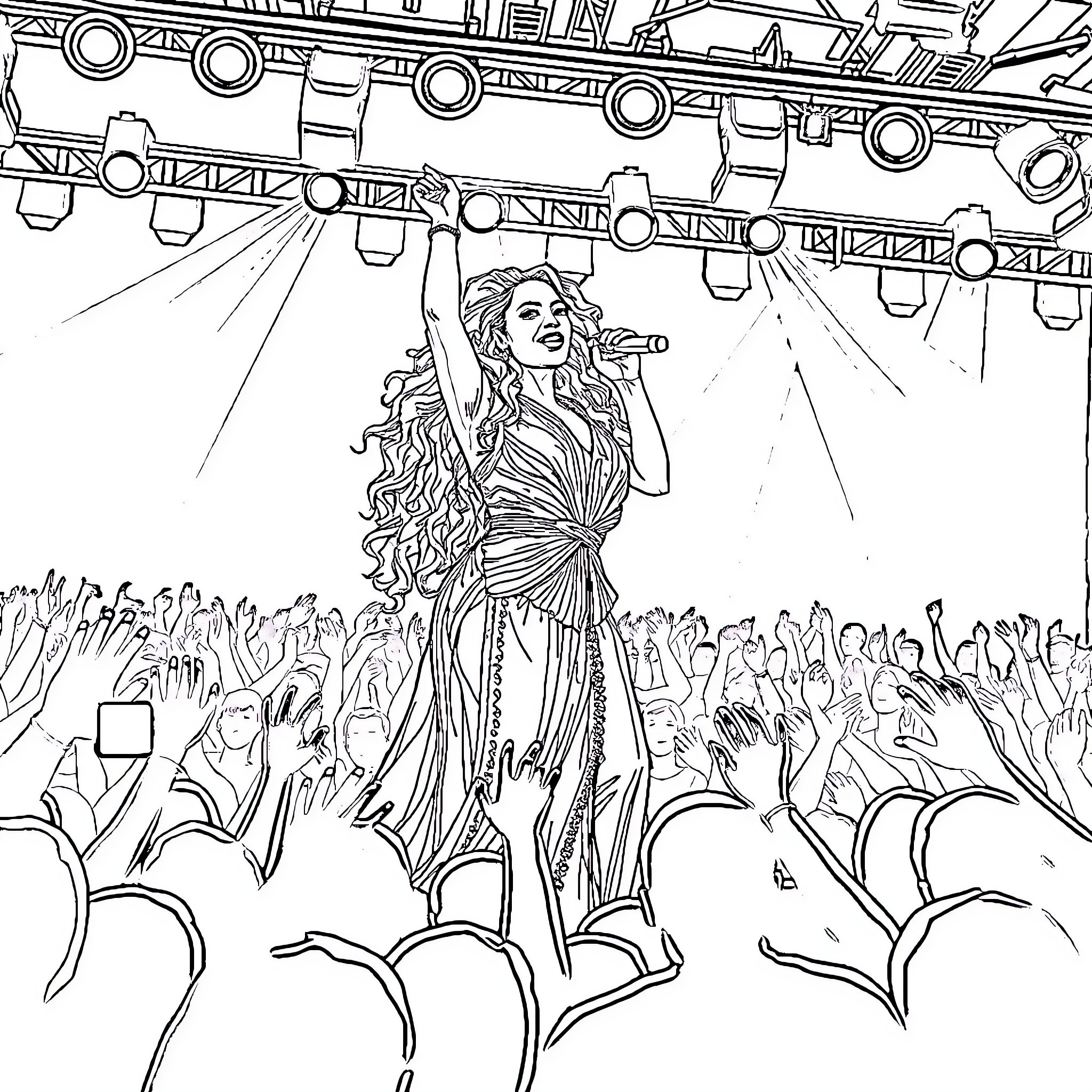 Beyonce Performing Energetically on Stage Coloring Page (free black-and-white line drawing printable PDF for all, from beginners to advanced learners, including children, teens, adults, and seniors)