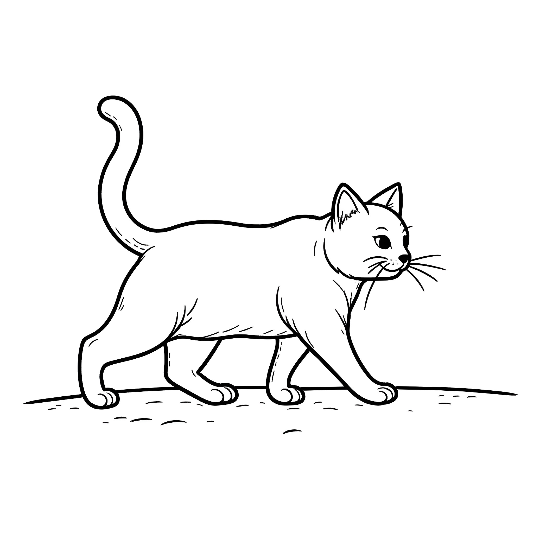 Cat walking on the ground Coloring Page (free black-and-white line drawing printable PDF for all, from beginners to advanced learners, including children, teens, adults, and seniors)