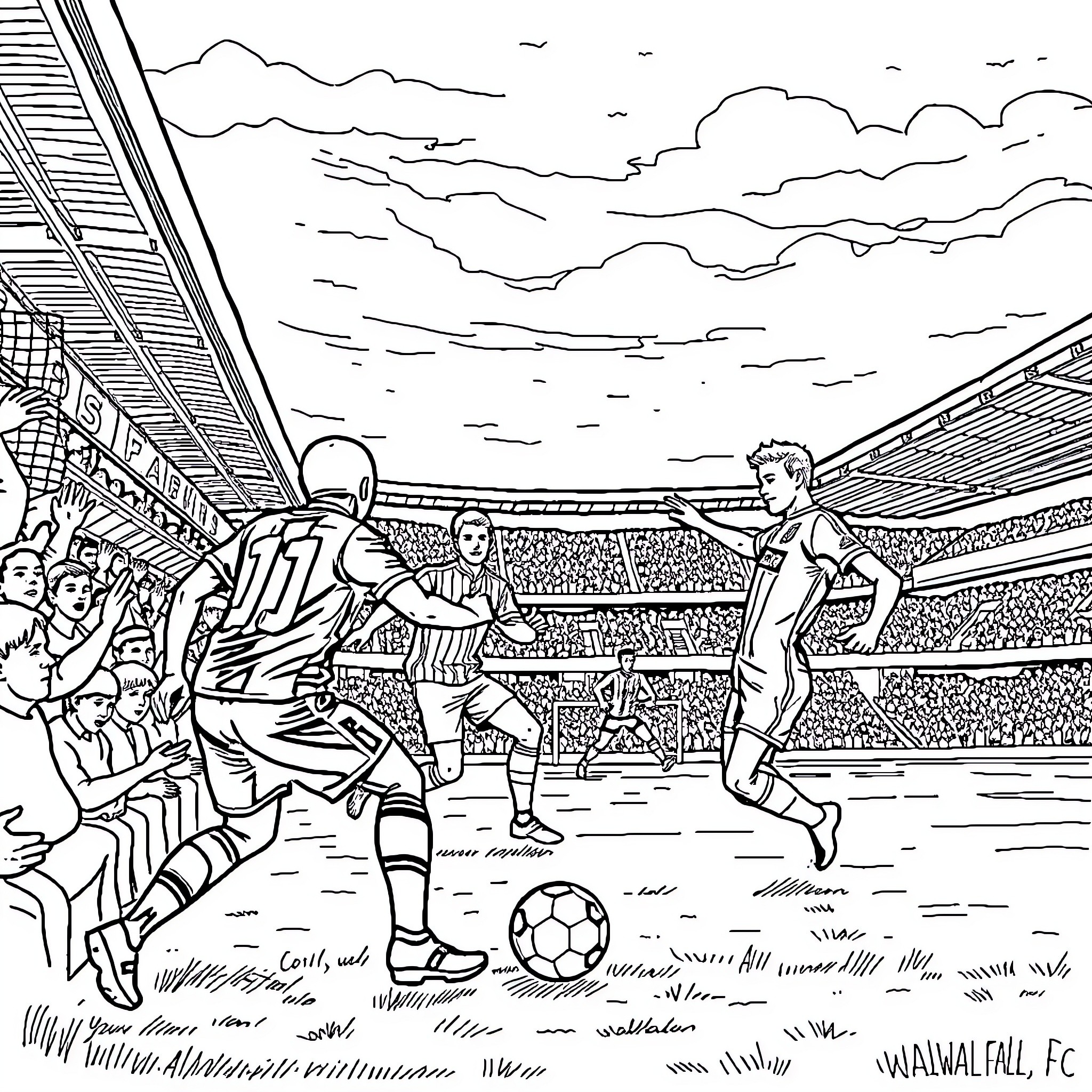 Walsall FC players in intense soccer match on field Coloring Page (free black-and-white line drawing printable PDF for all, from beginners to advanced learners, including children, teens, adults, and seniors)