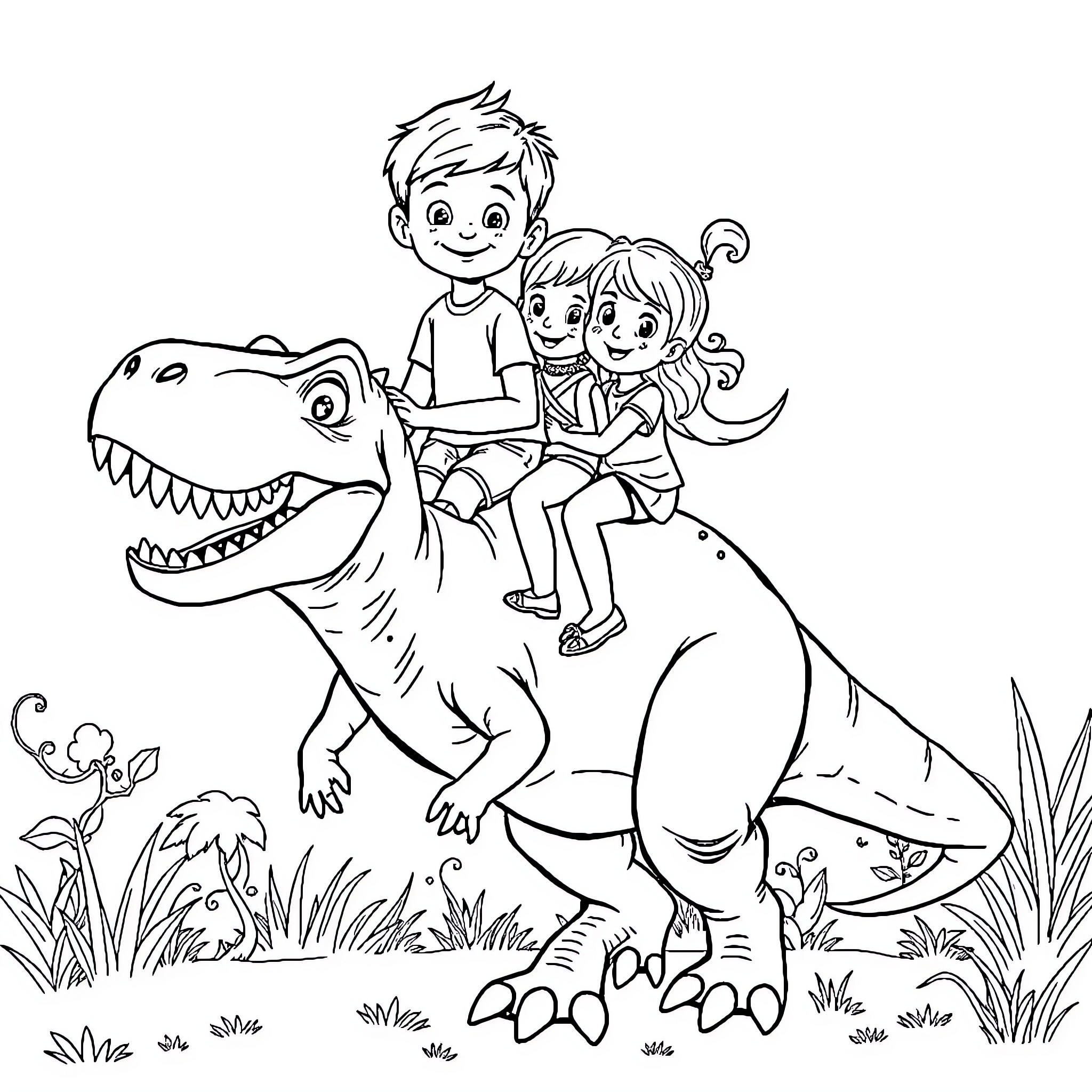 T-Rex Ride with Kids in Prehistoric Adventure Coloring Page (free black-and-white line drawing printable PDF for all, from beginners to advanced learners, including children, teens, adults, and seniors)